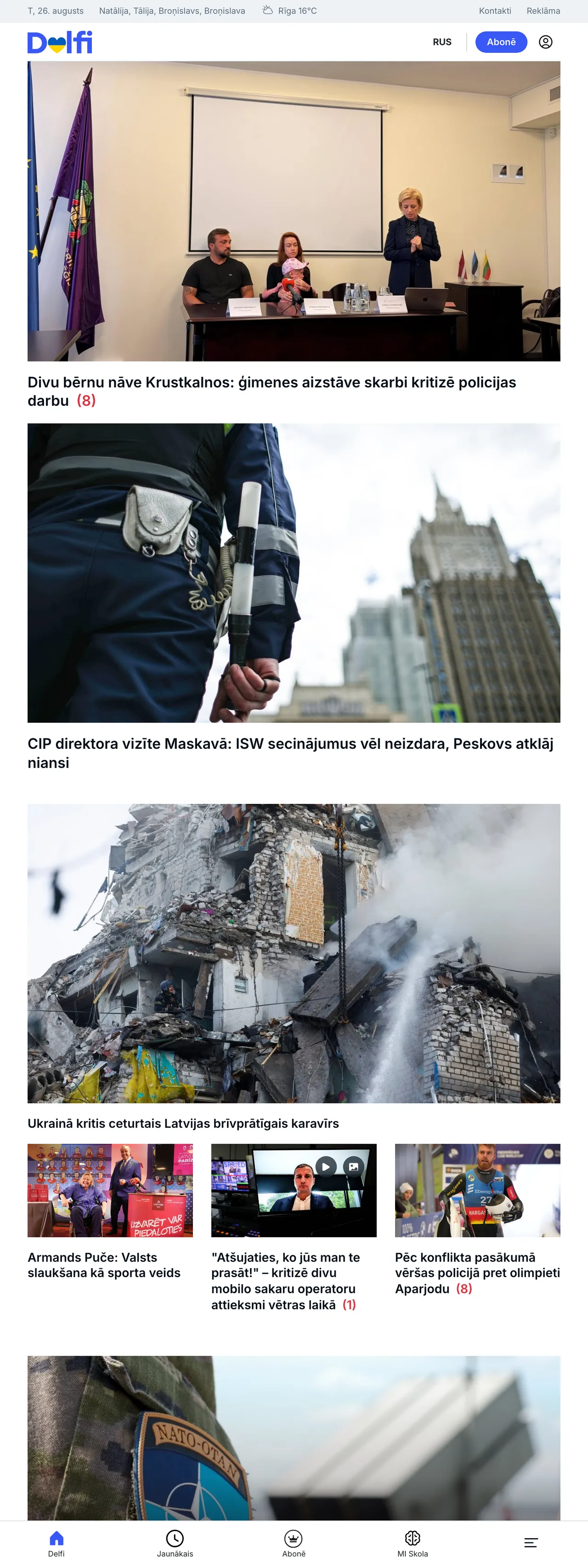 Screenshot of the Delfi front page