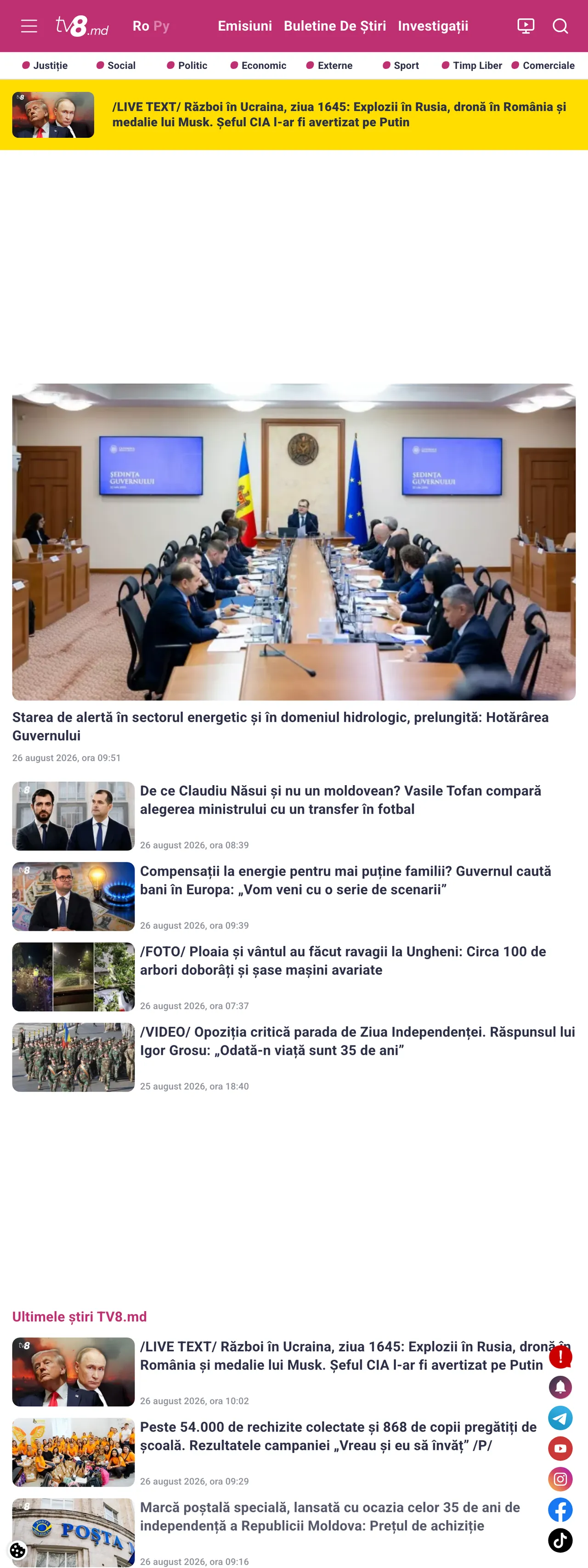 Screenshot of the TV8 front page