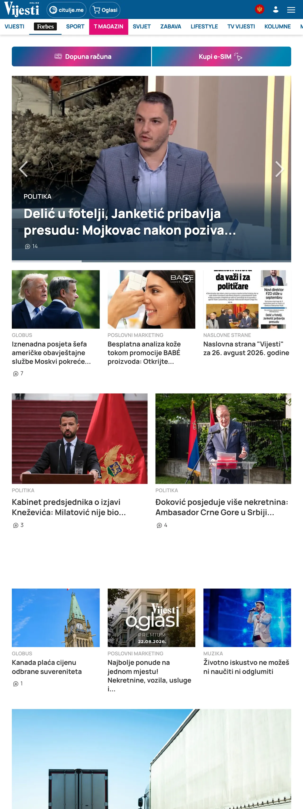 Screenshot of the Vijesti front page