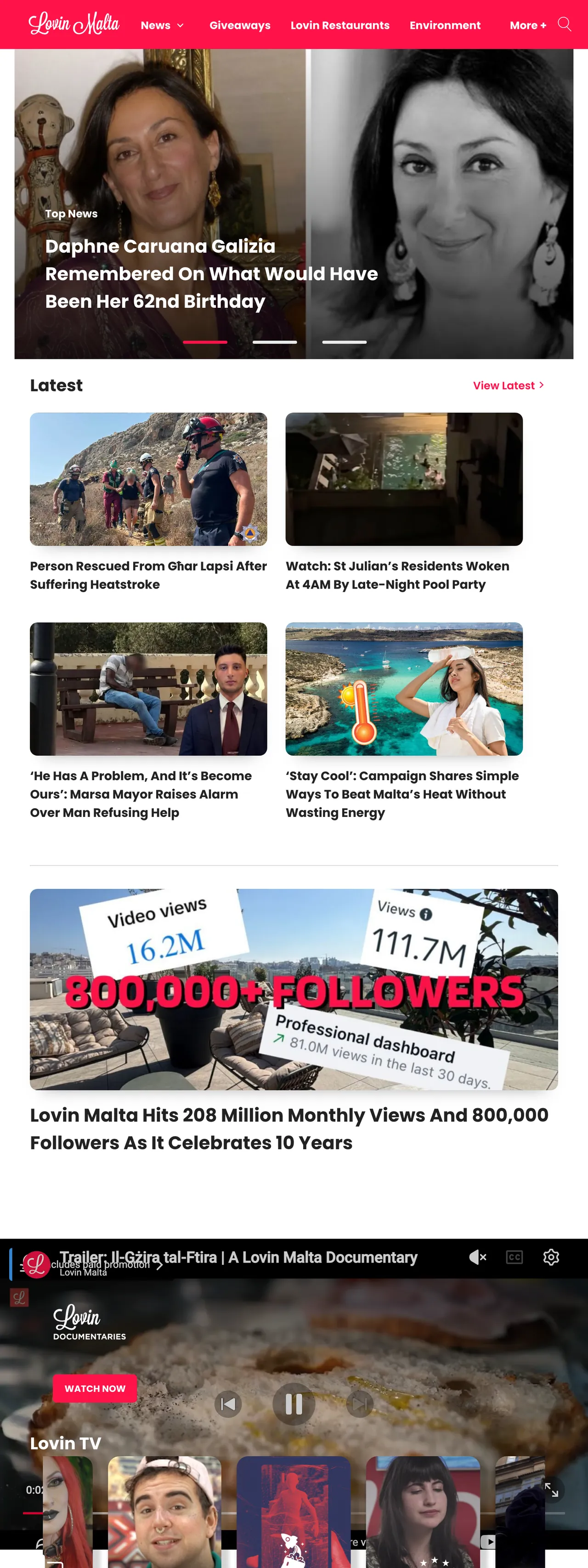 Screenshot of the Lovin Malta front page