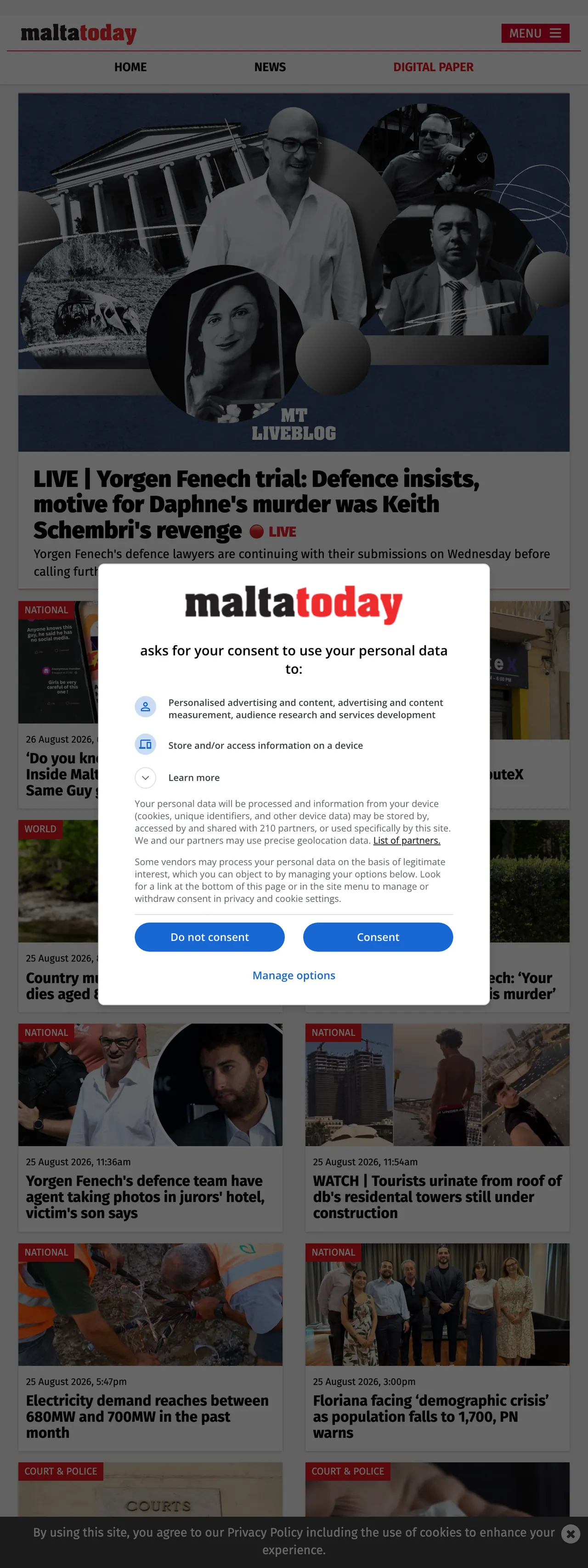 Screenshot of the Malta Today front page
