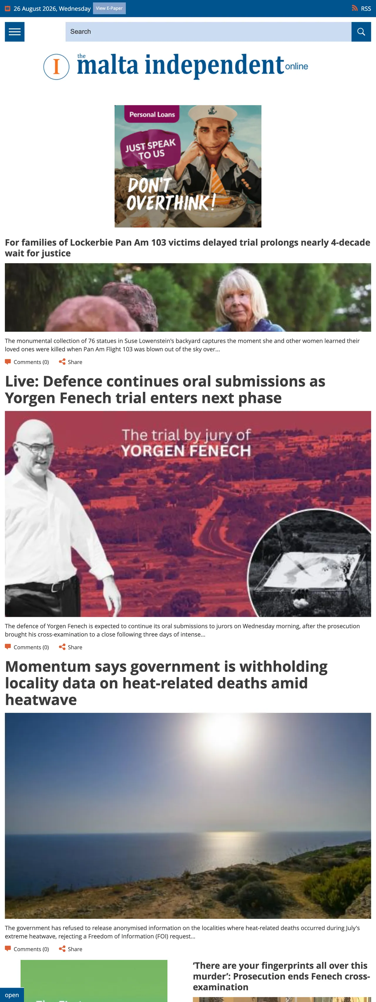 Screenshot of the The Malta Independent front page