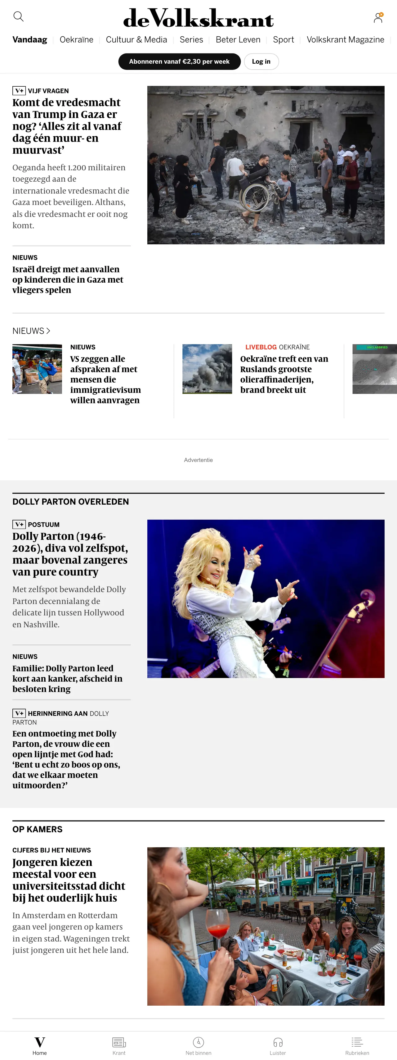 Screenshot of the de Volkskrant front page
