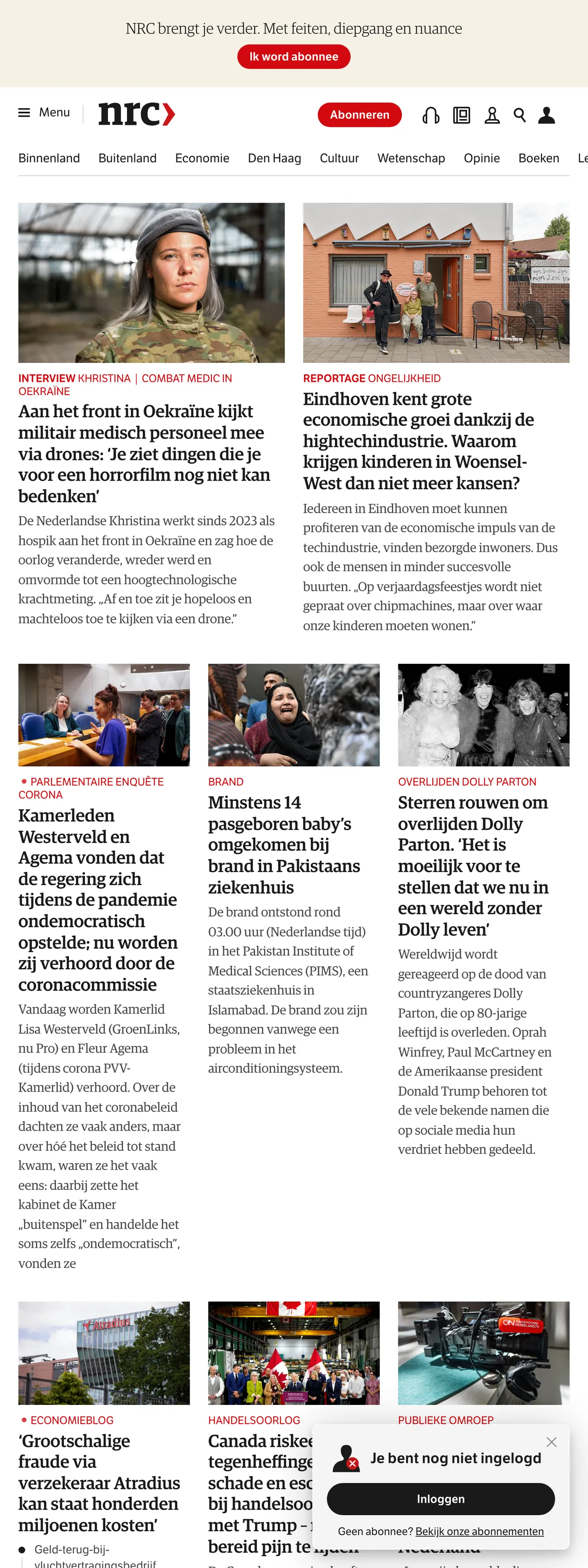 Screenshot of the NRC front page