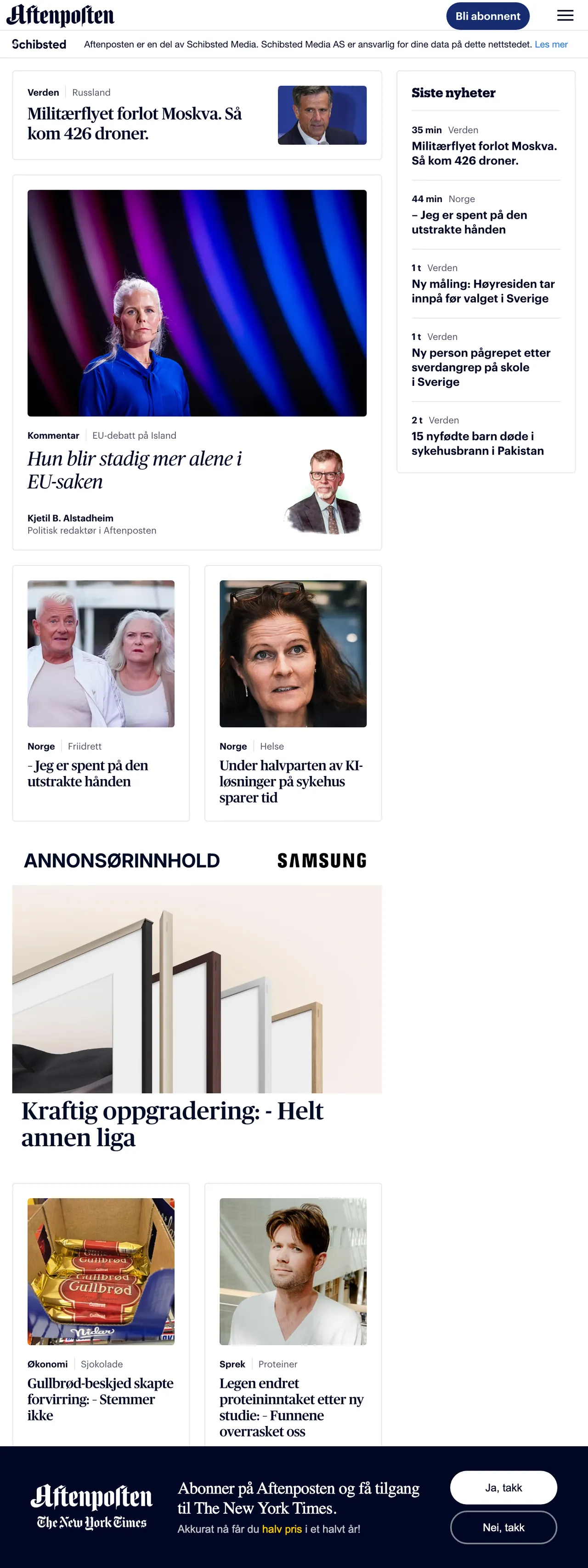 Screenshot of the Aftenposten front page