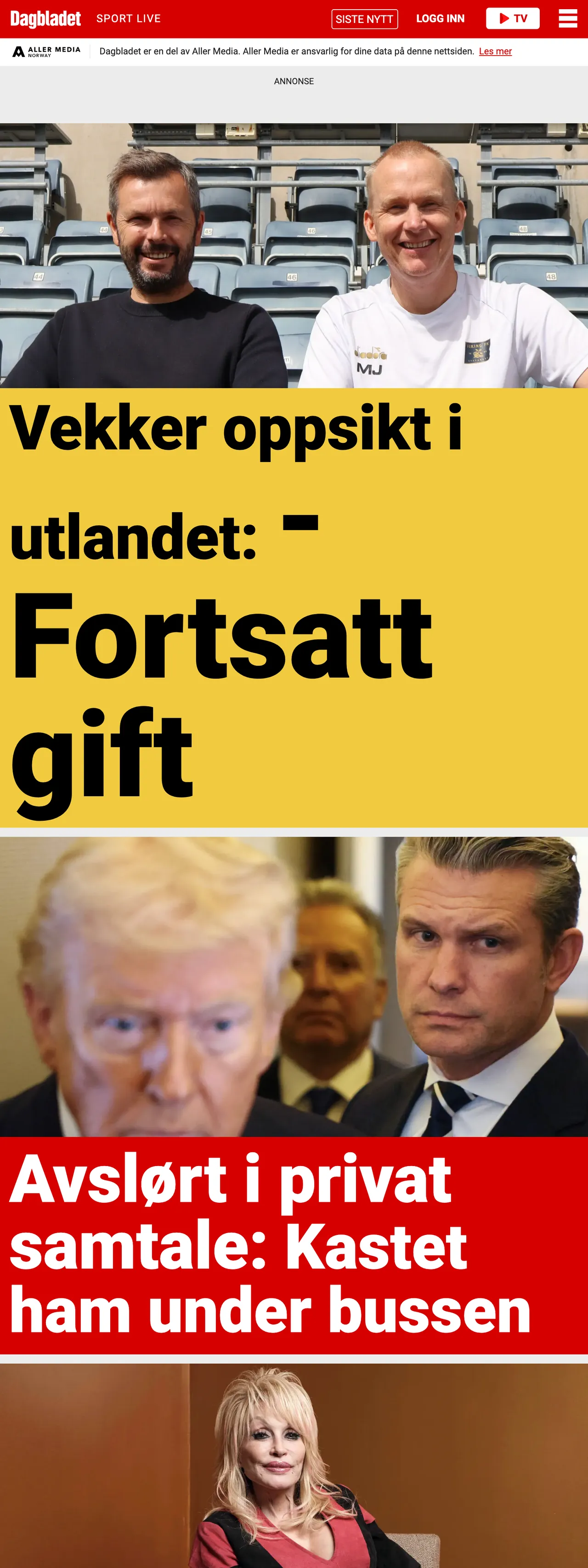 Screenshot of the Dagbladet front page