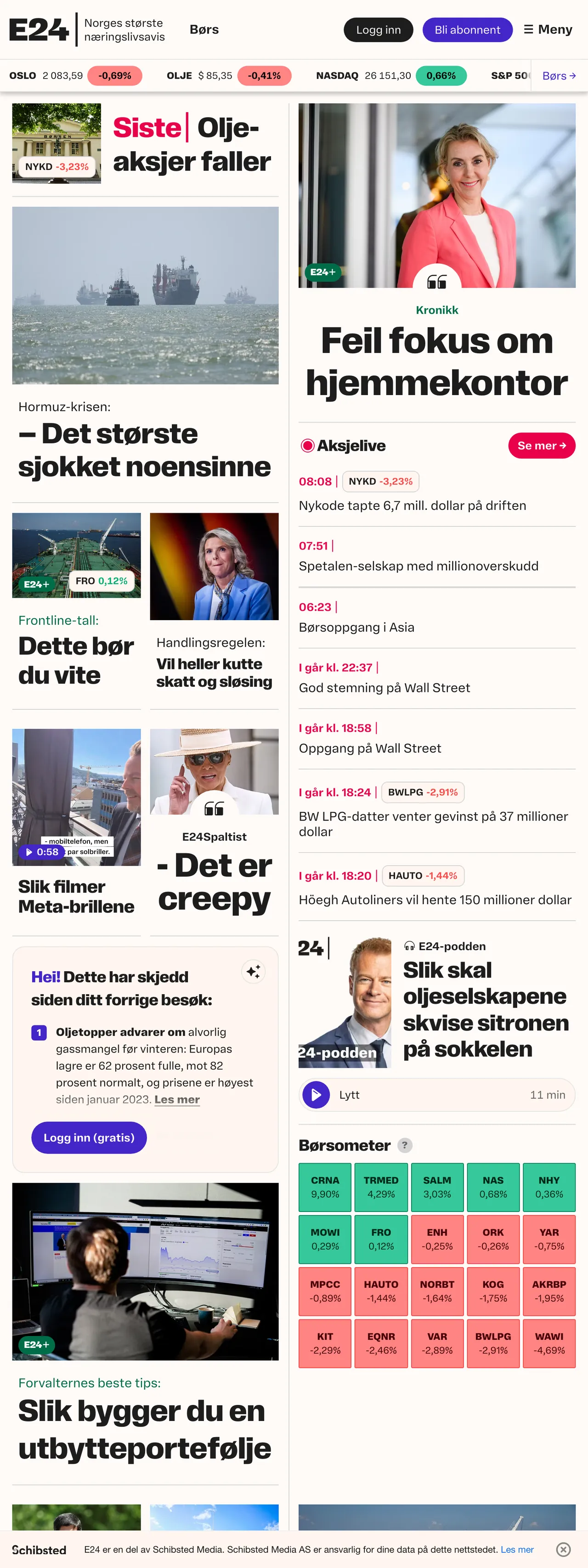 Screenshot of the E24 front page