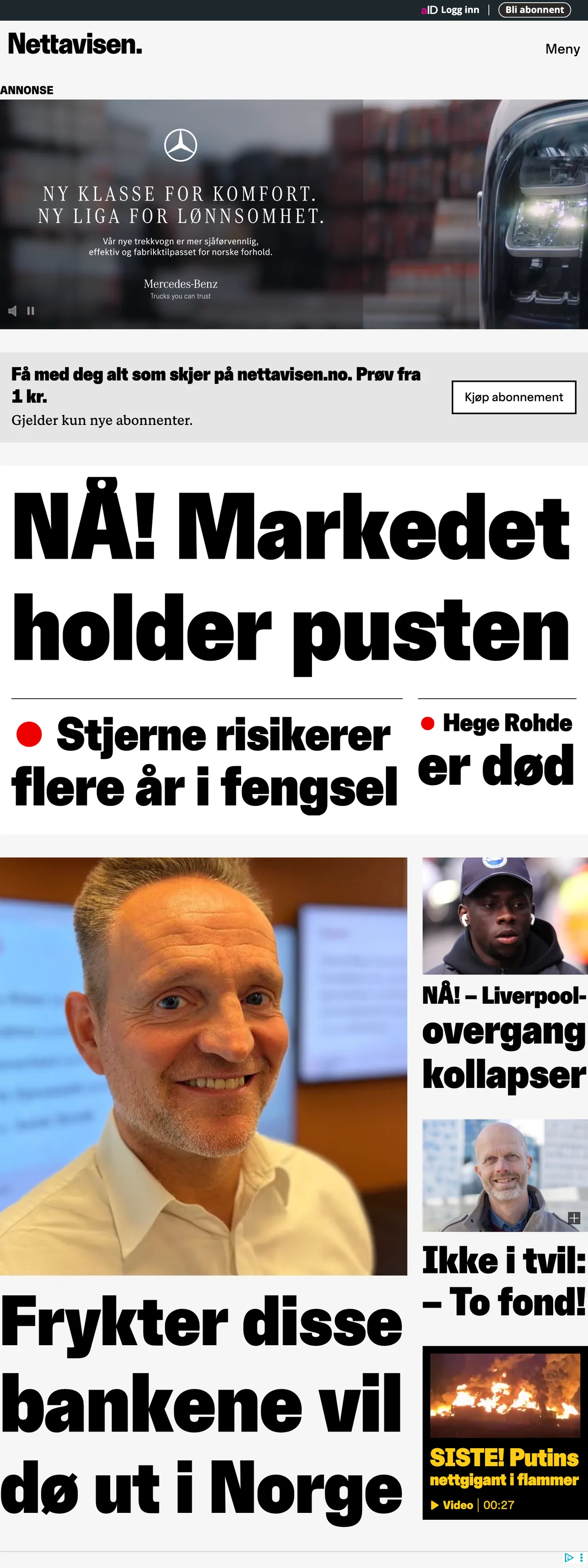 Screenshot of the Nettavisen front page