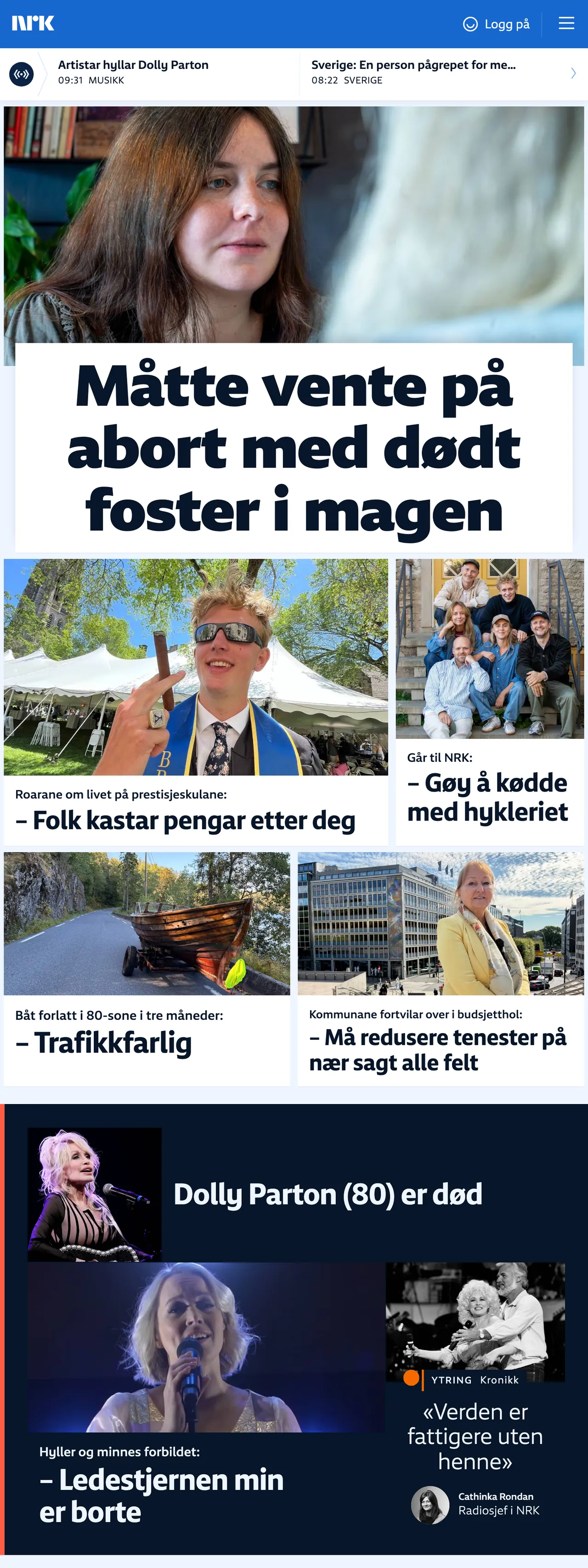 Screenshot of the NRK front page