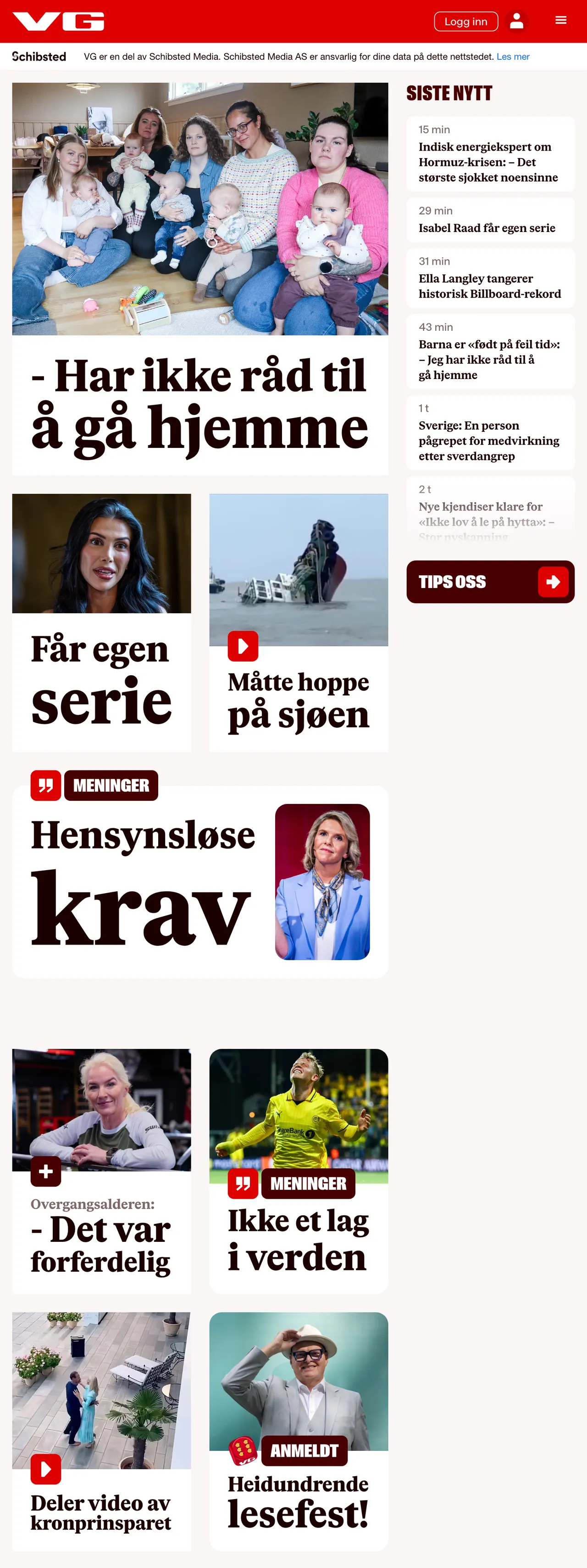 Screenshot of the VG front page
