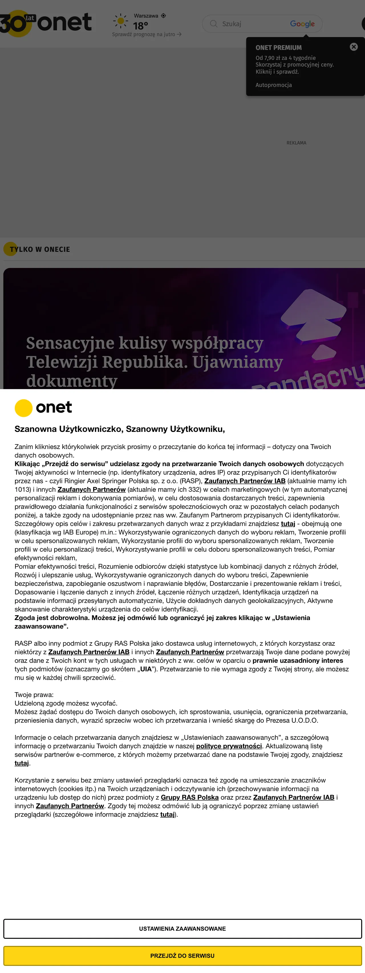 Screenshot of the Onet front page