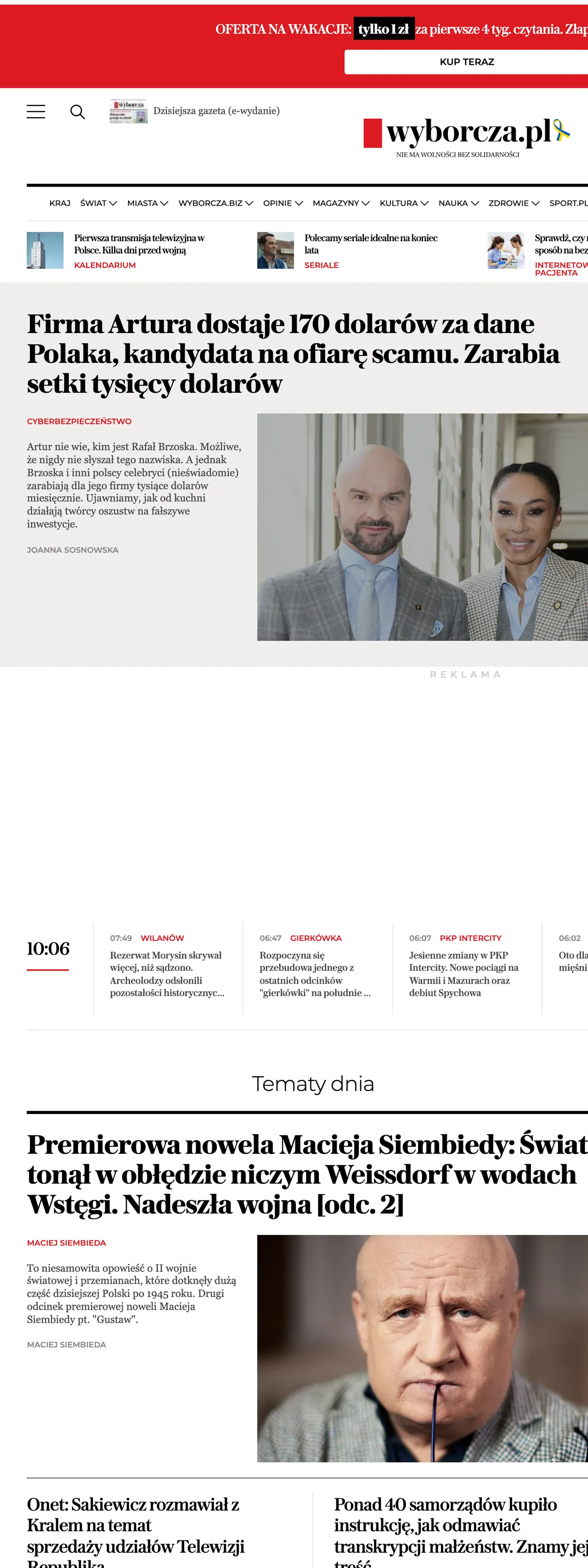 Screenshot of the Wyborcza front page