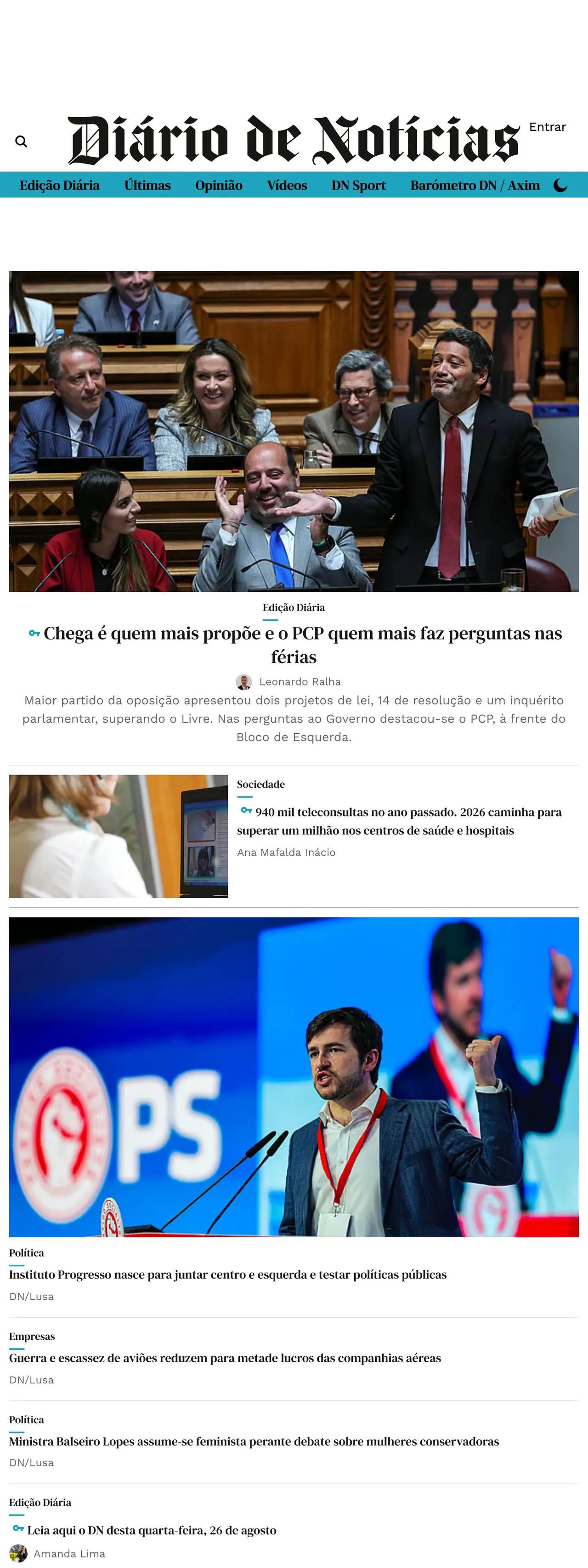 Screenshot of the Diário de Notícias front page