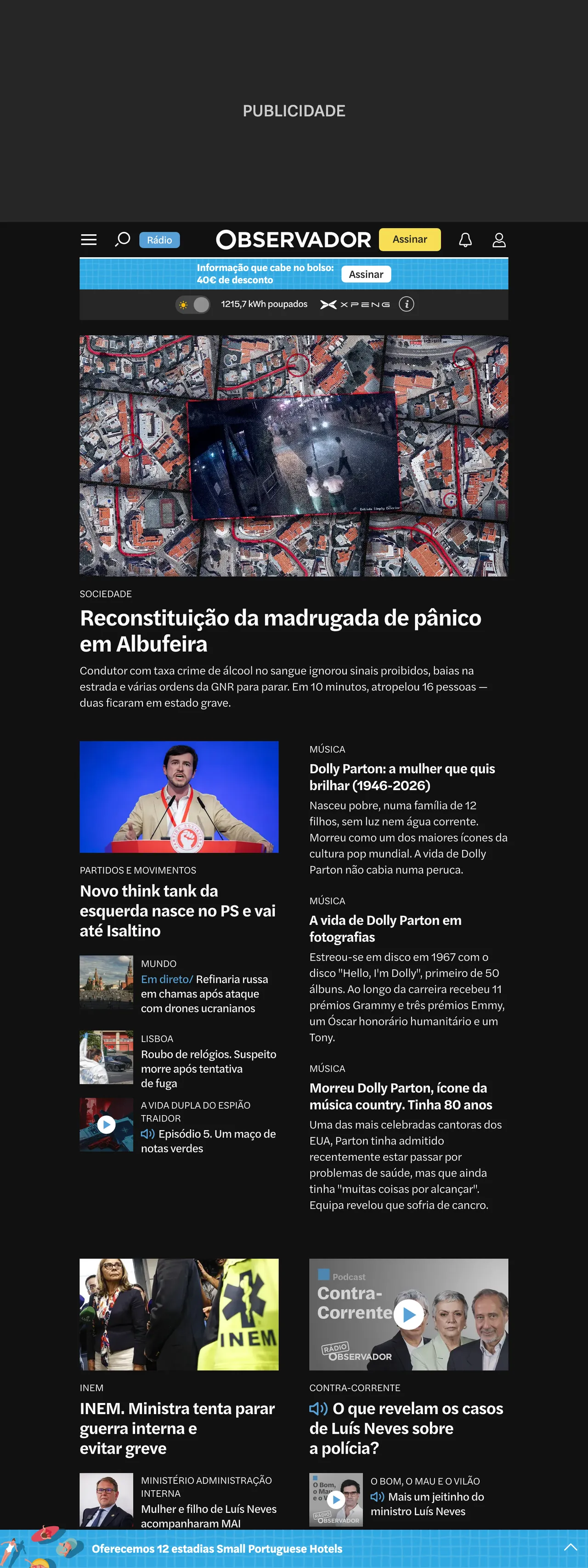 Screenshot of the Observador front page