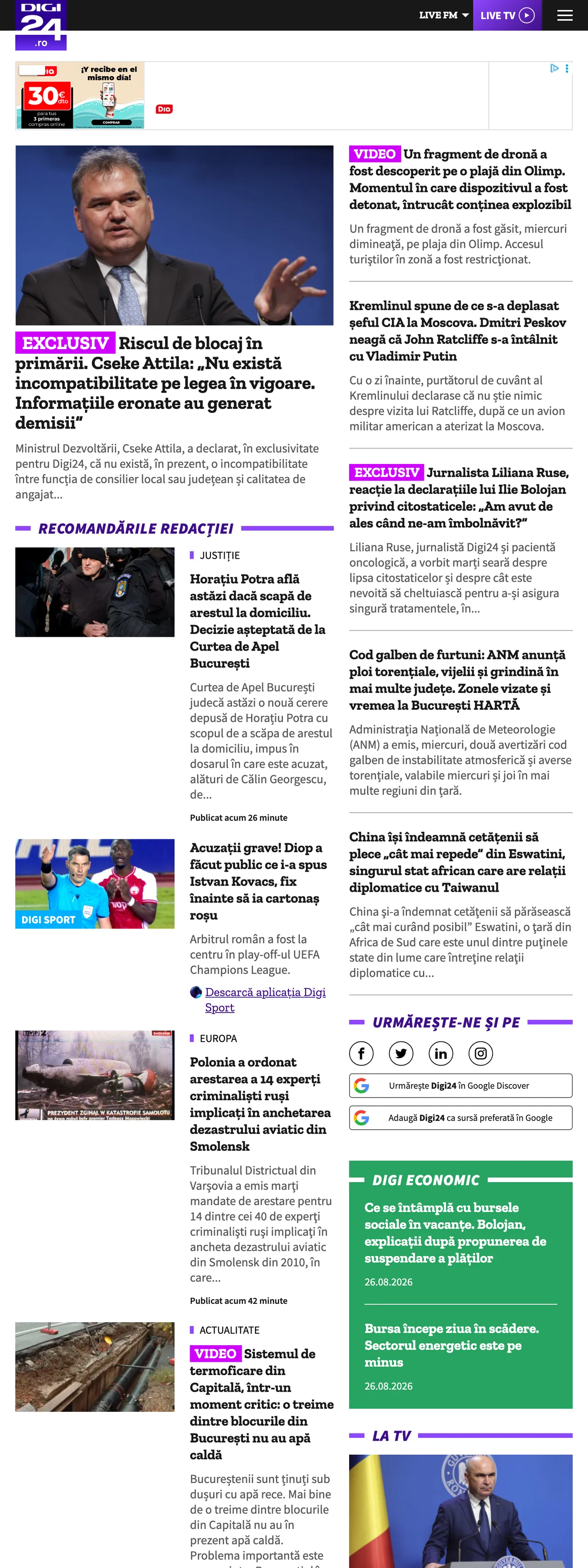 Screenshot of the Digi24 front page