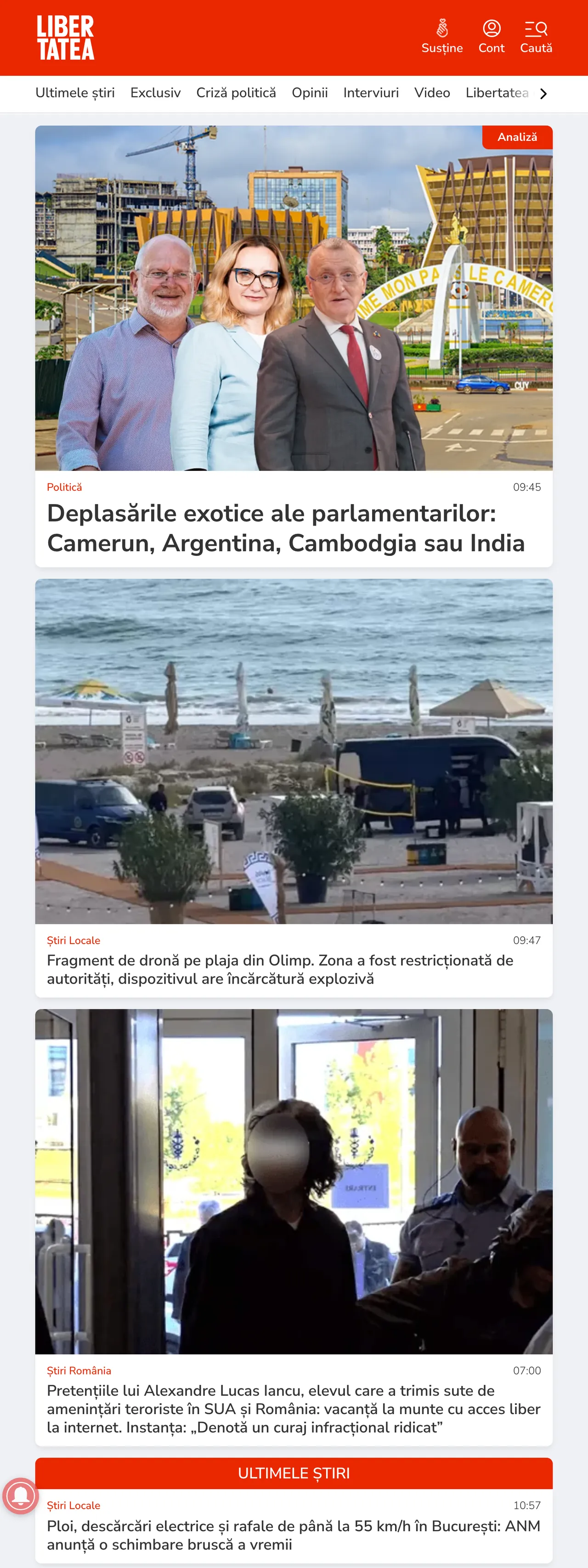 Screenshot of the Libertatea front page