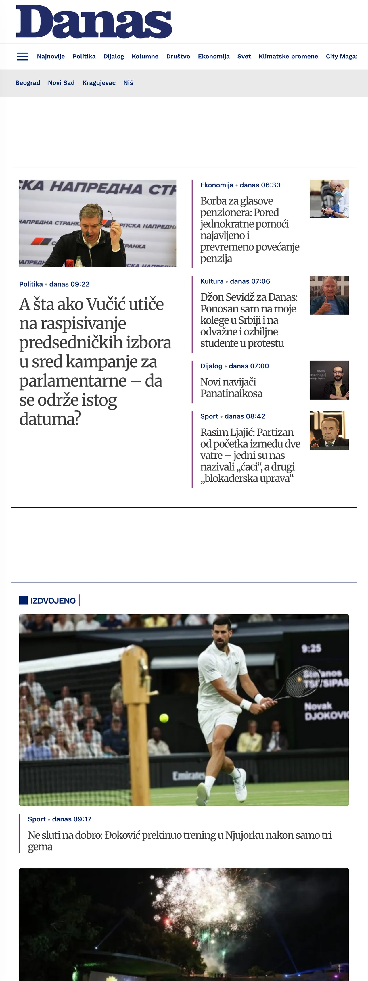 Screenshot of the Danas front page