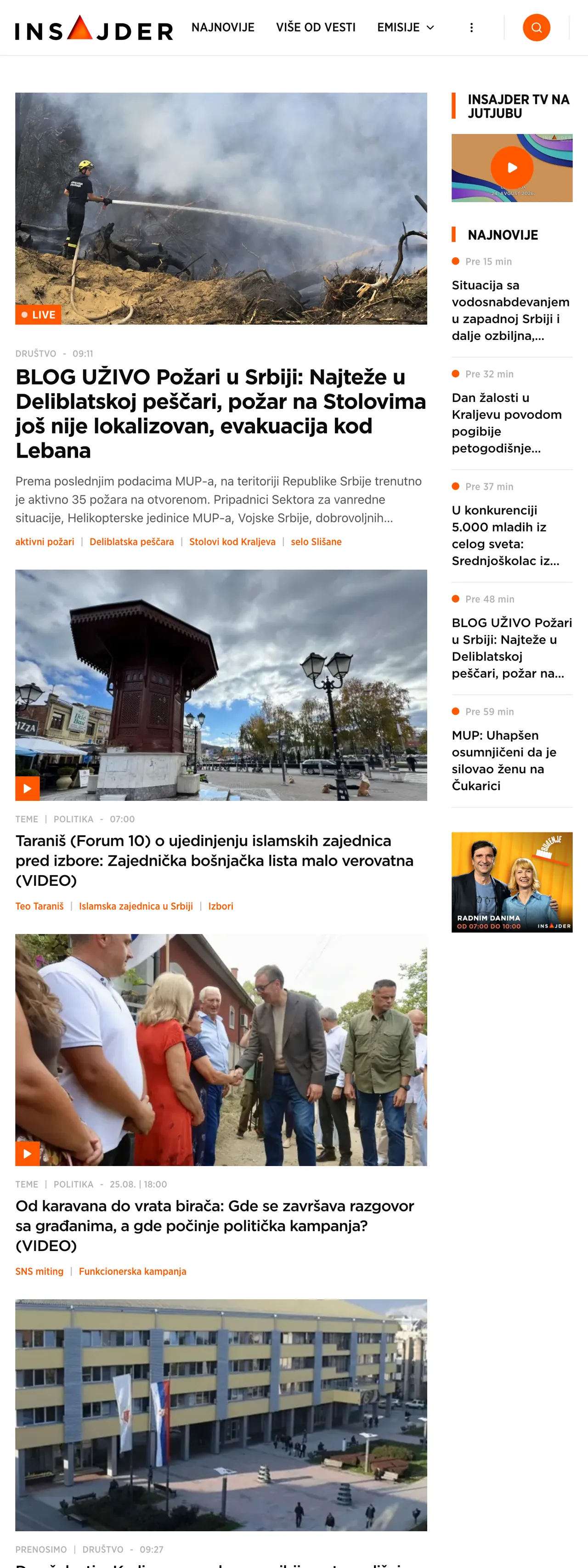 Screenshot of the Insajder front page
