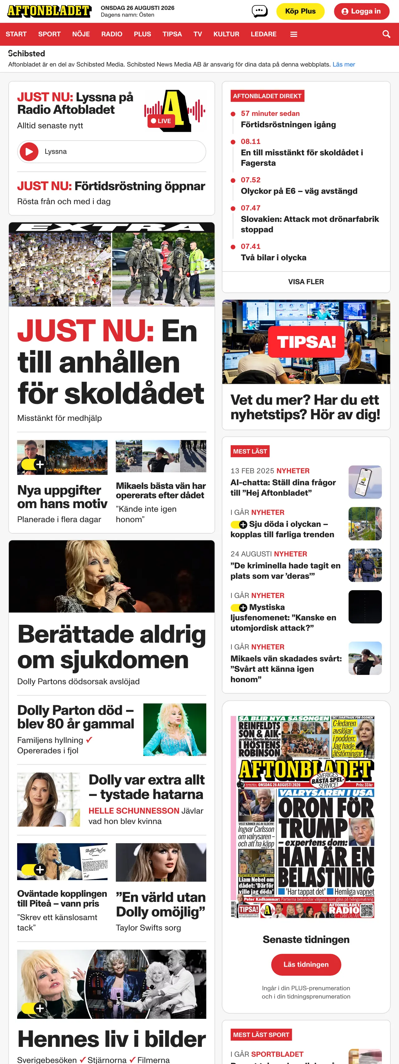 Screenshot of the Aftonbladet front page