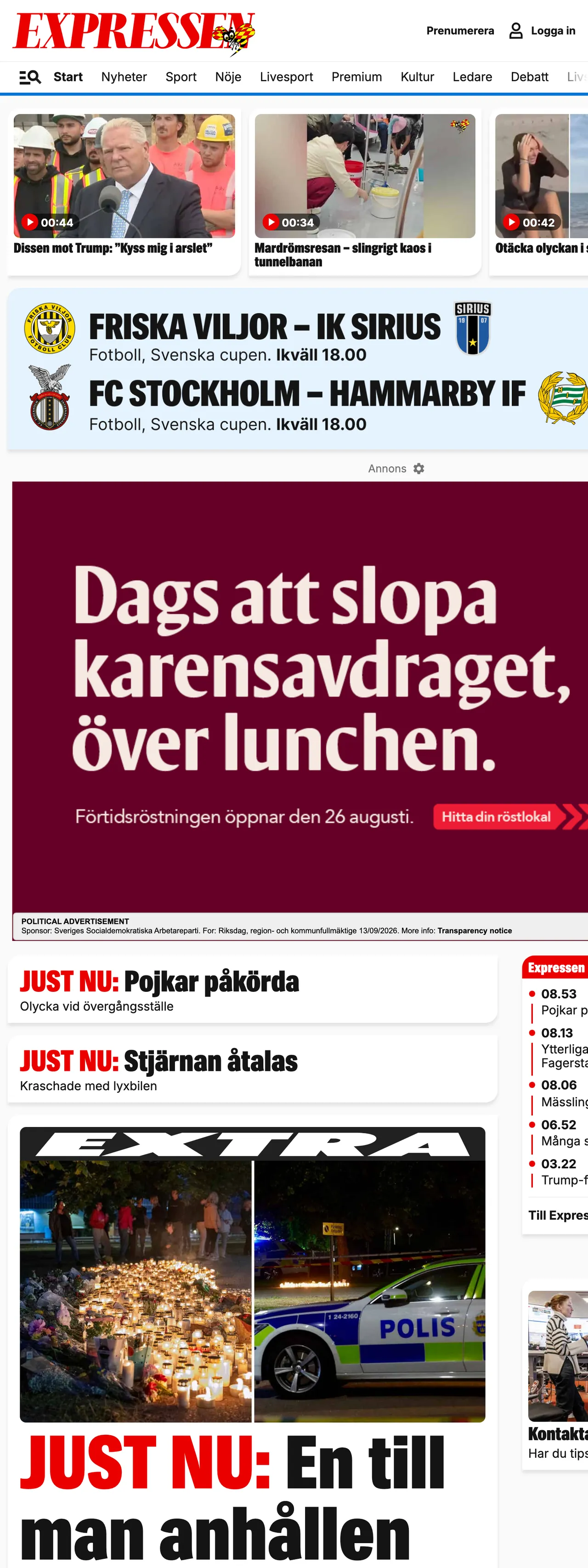 Screenshot of the Expressen front page