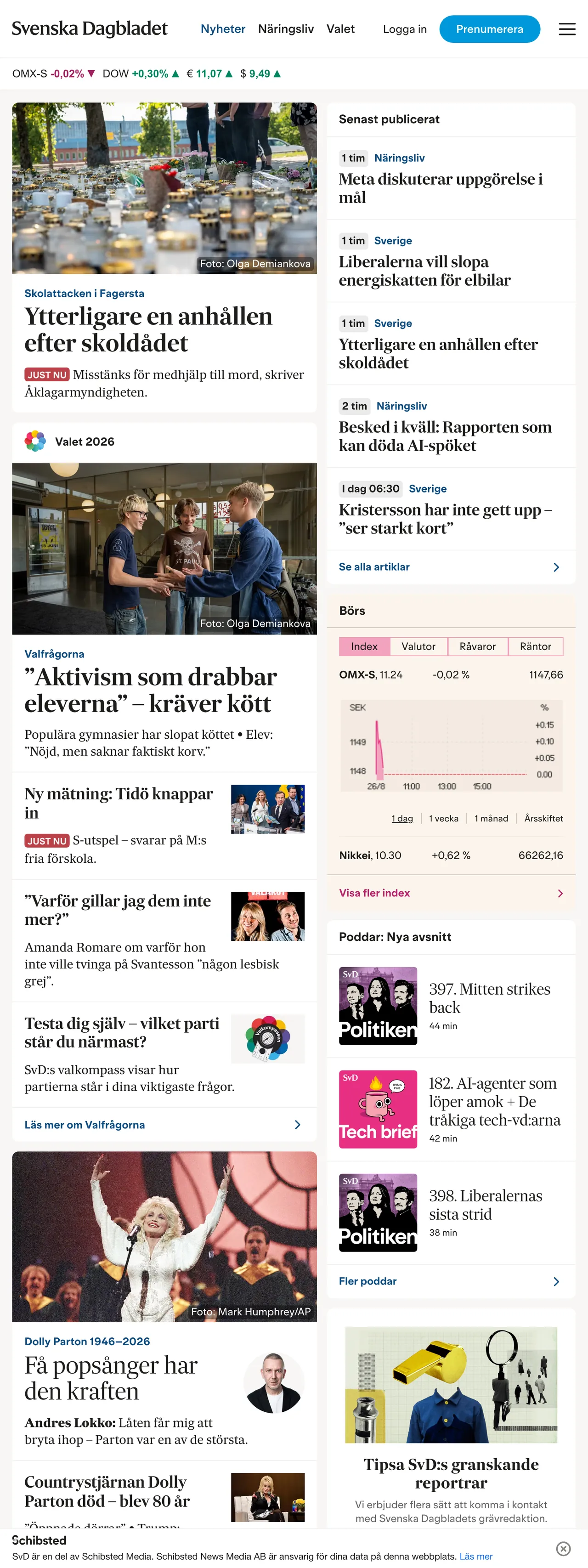 Screenshot of the Svenska Dagbladet front page