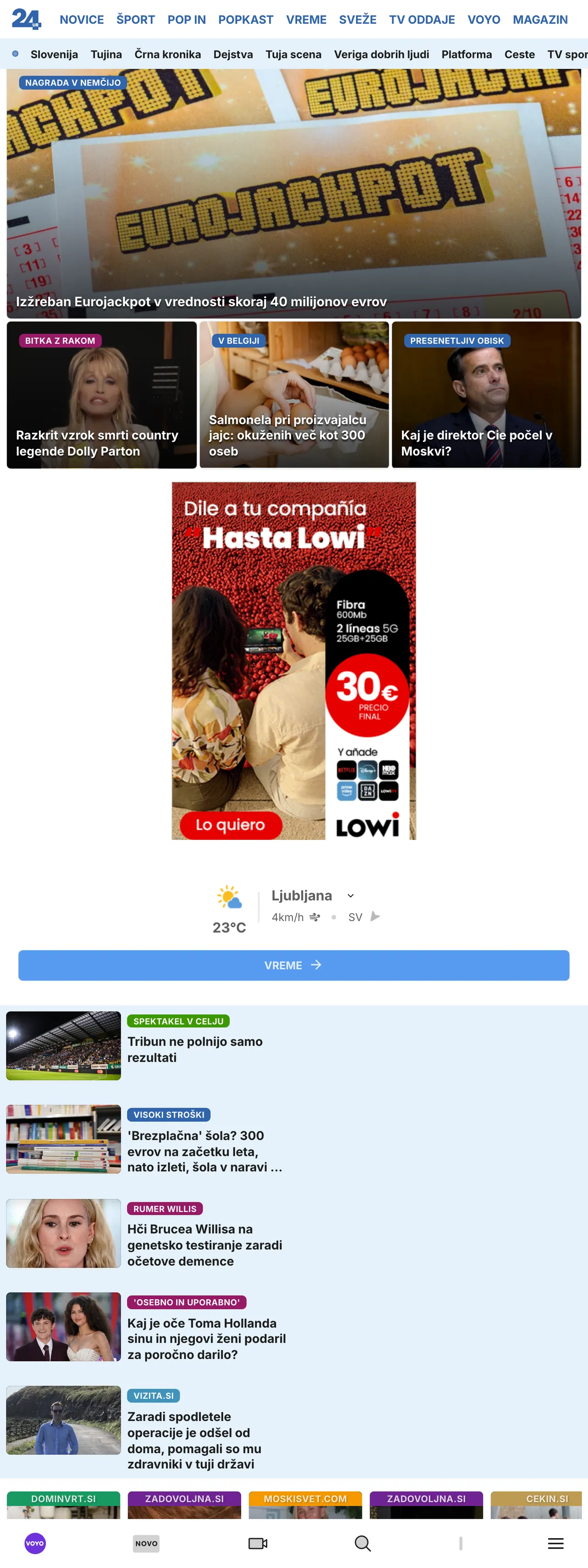 Screenshot of the 24ur front page