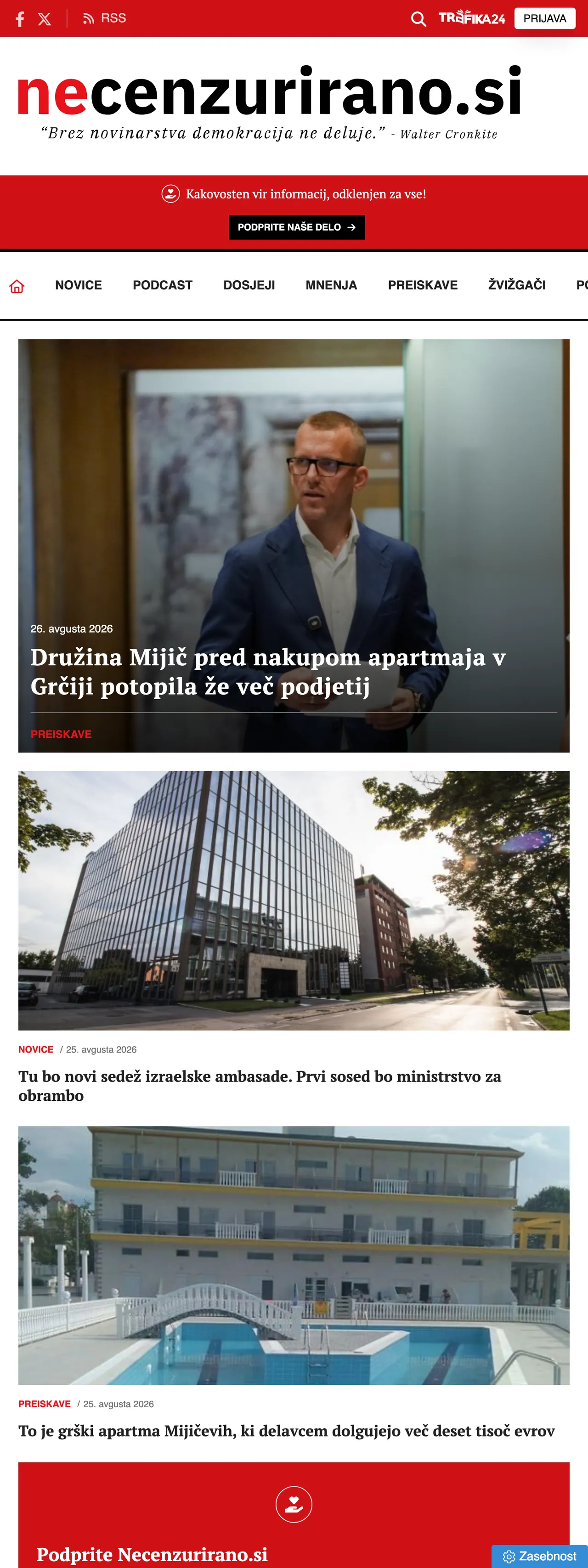 Screenshot of the Necenzurirano front page