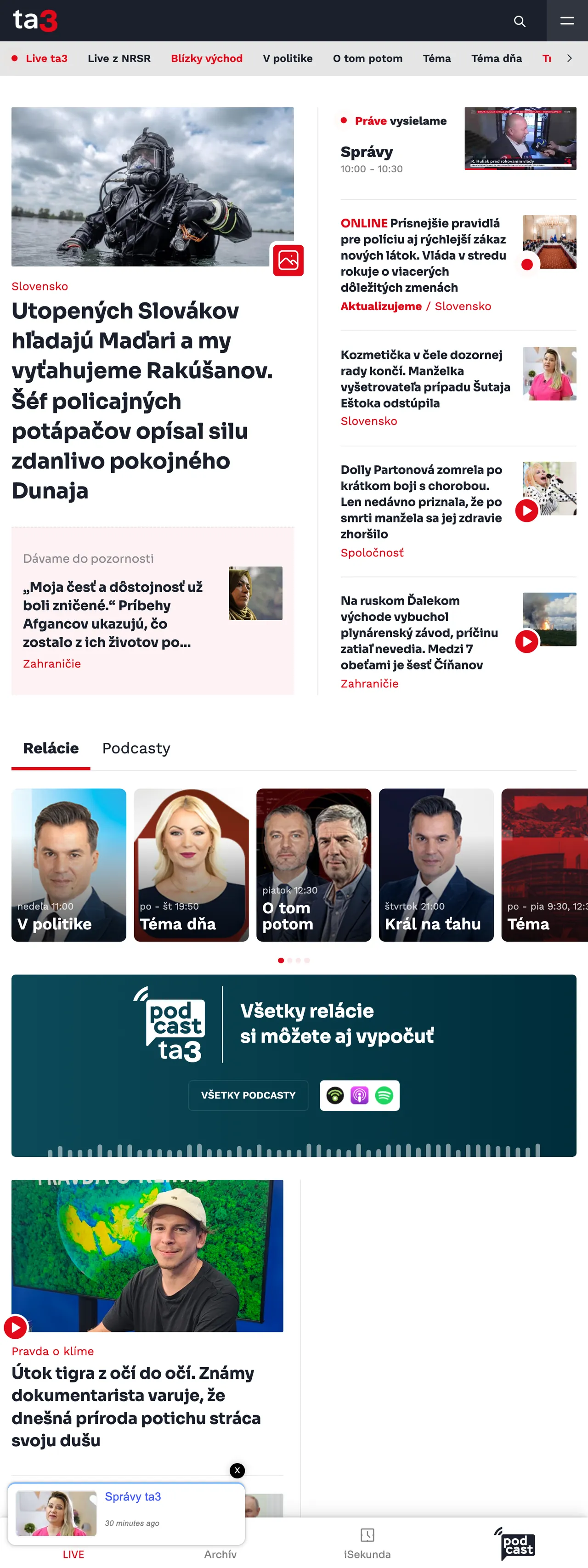 Screenshot of the TA3 front page