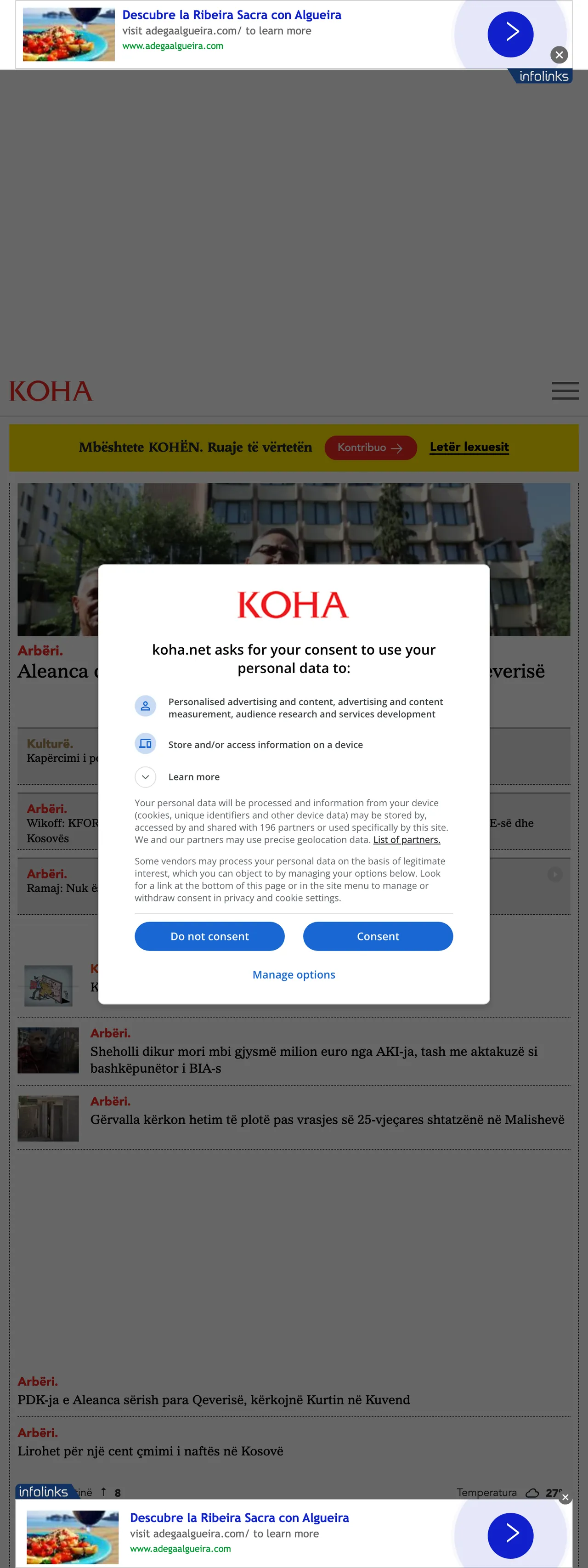 Screenshot of the Koha Ditore front page