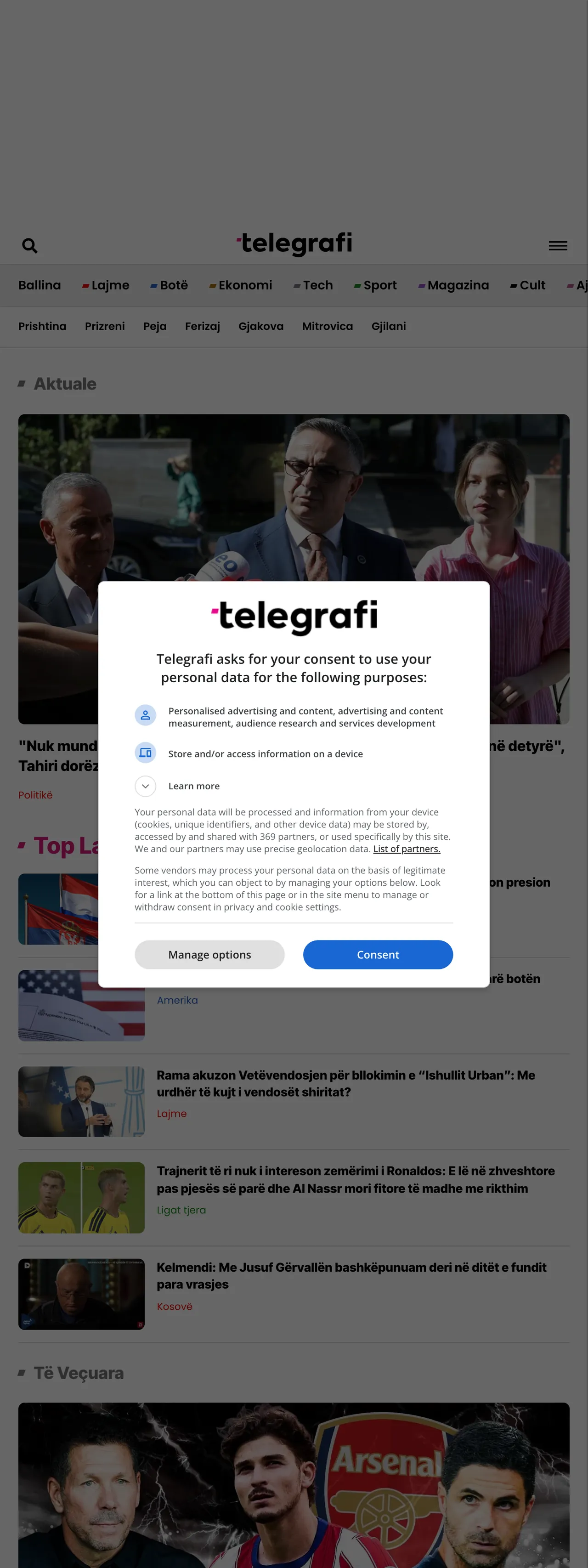 Screenshot of the Telegrafi front page