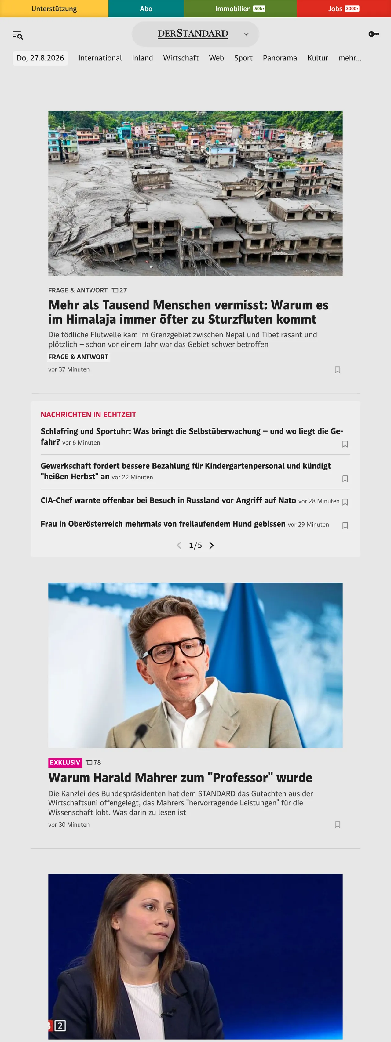 Screenshot of the DER STANDARD front page