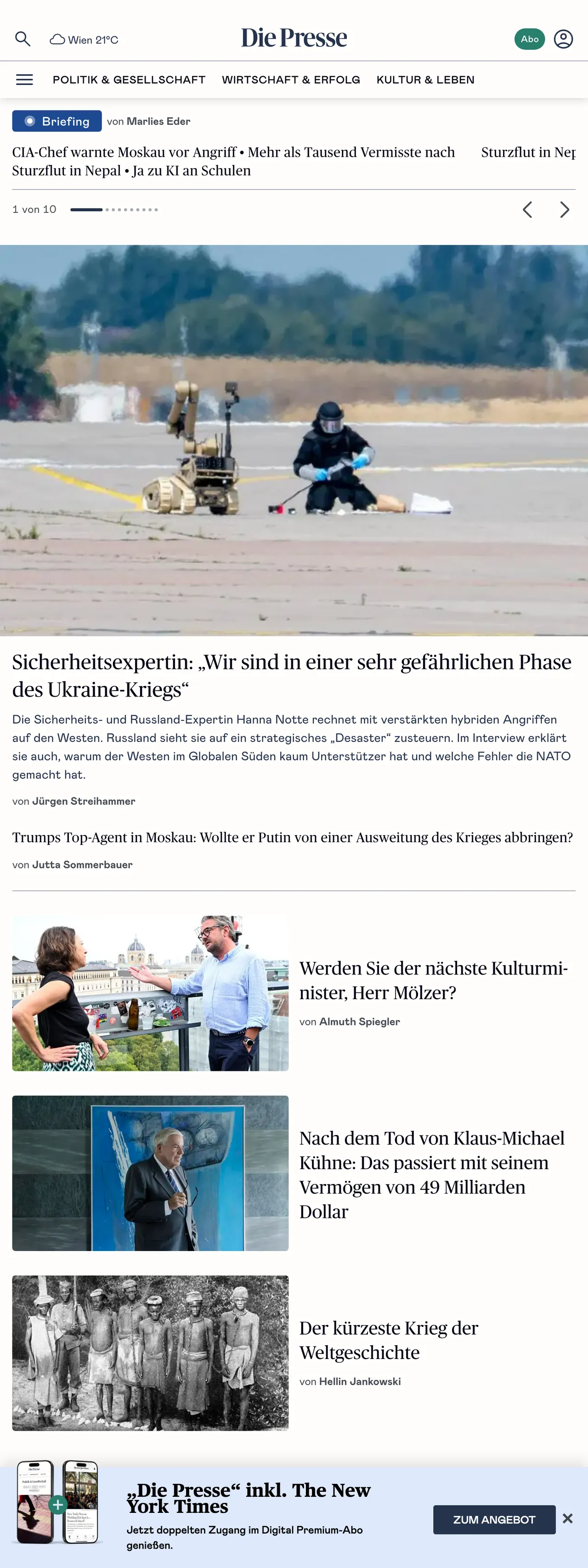 Screenshot of the Die Presse front page