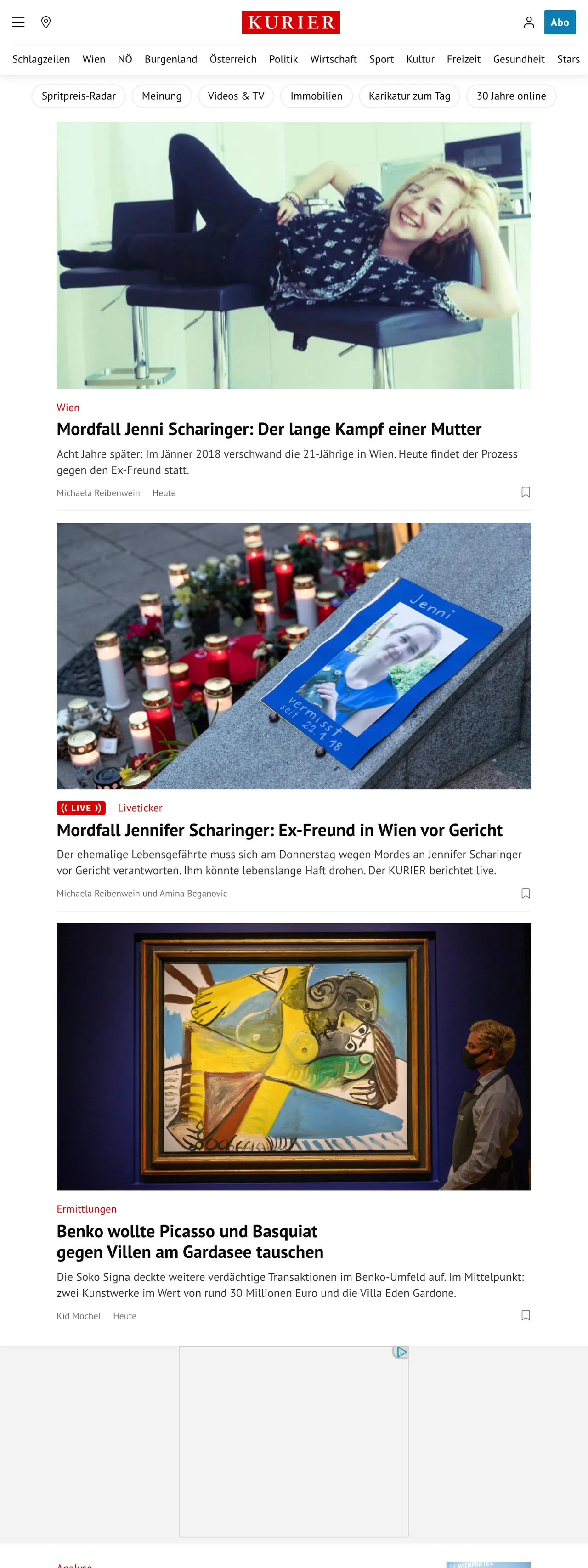 Screenshot of the Kurier front page
