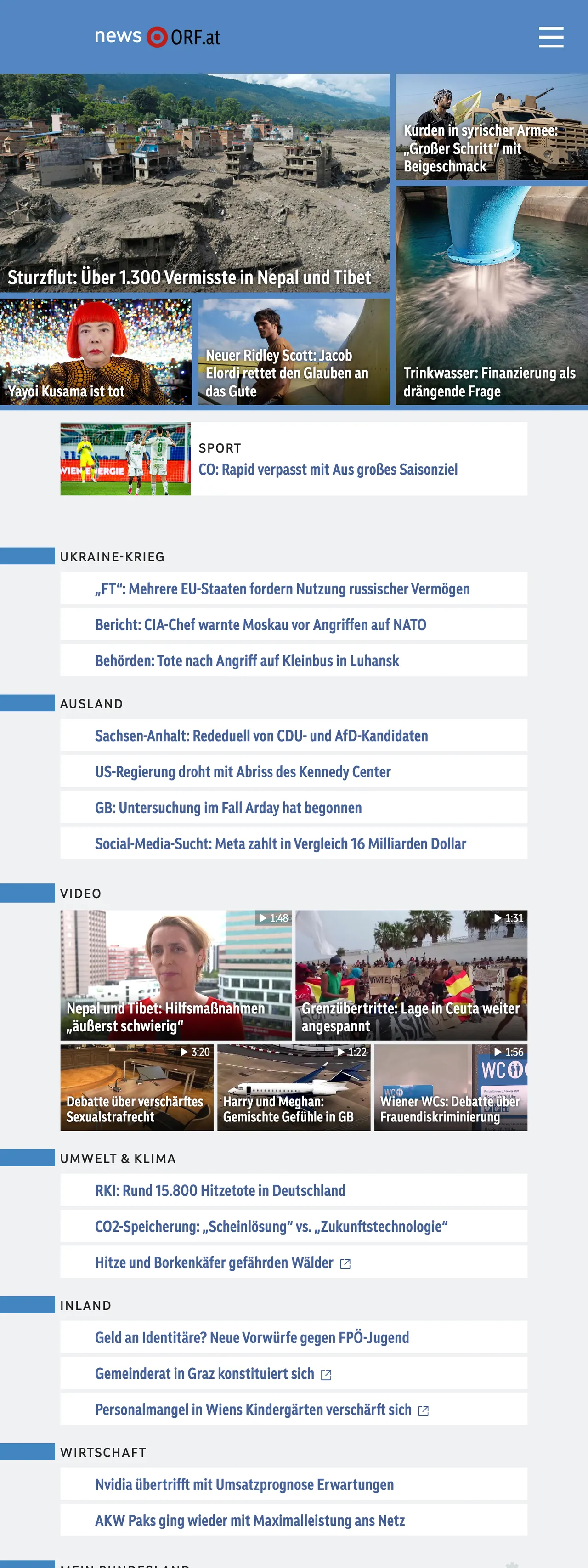 Screenshot of the ORF front page