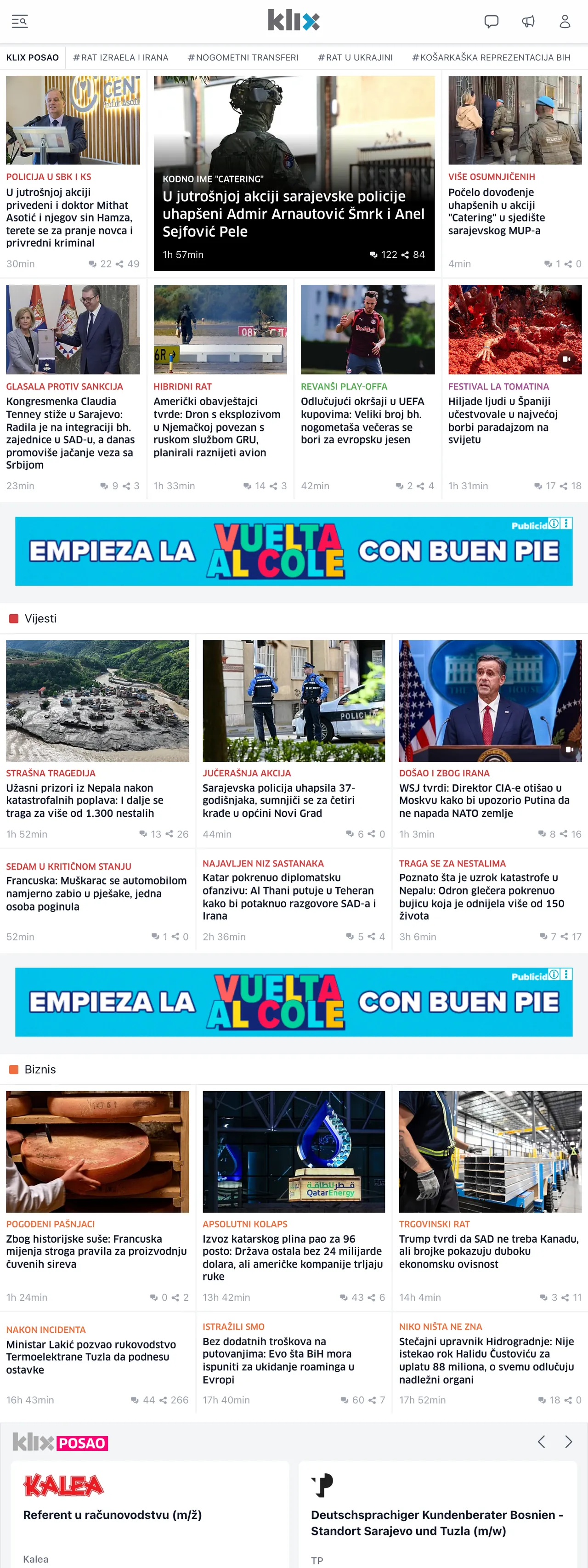 Screenshot of the Klix.ba front page