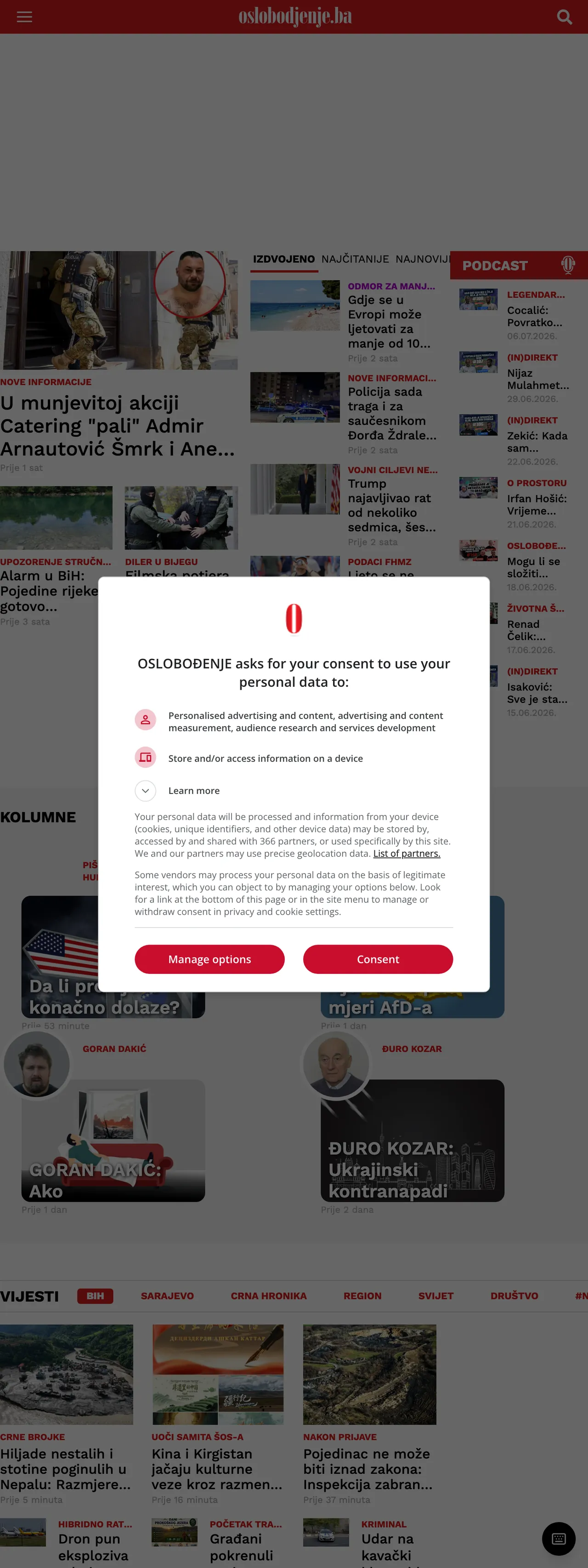 Screenshot of the Oslobođenje front page