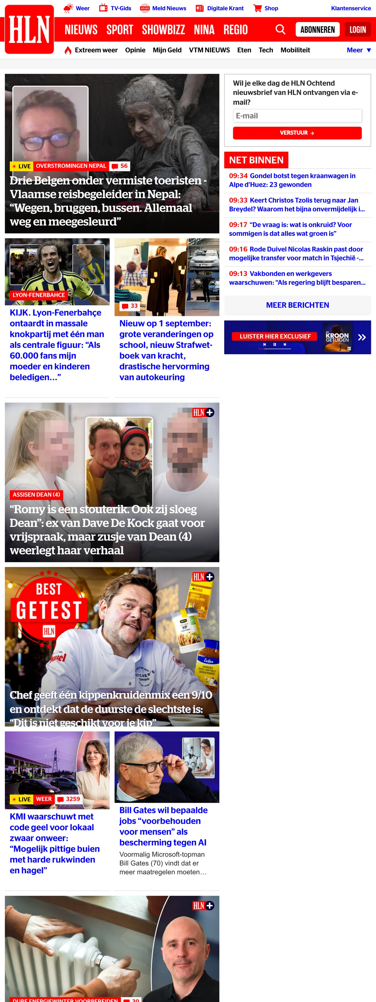Screenshot of the HLN front page