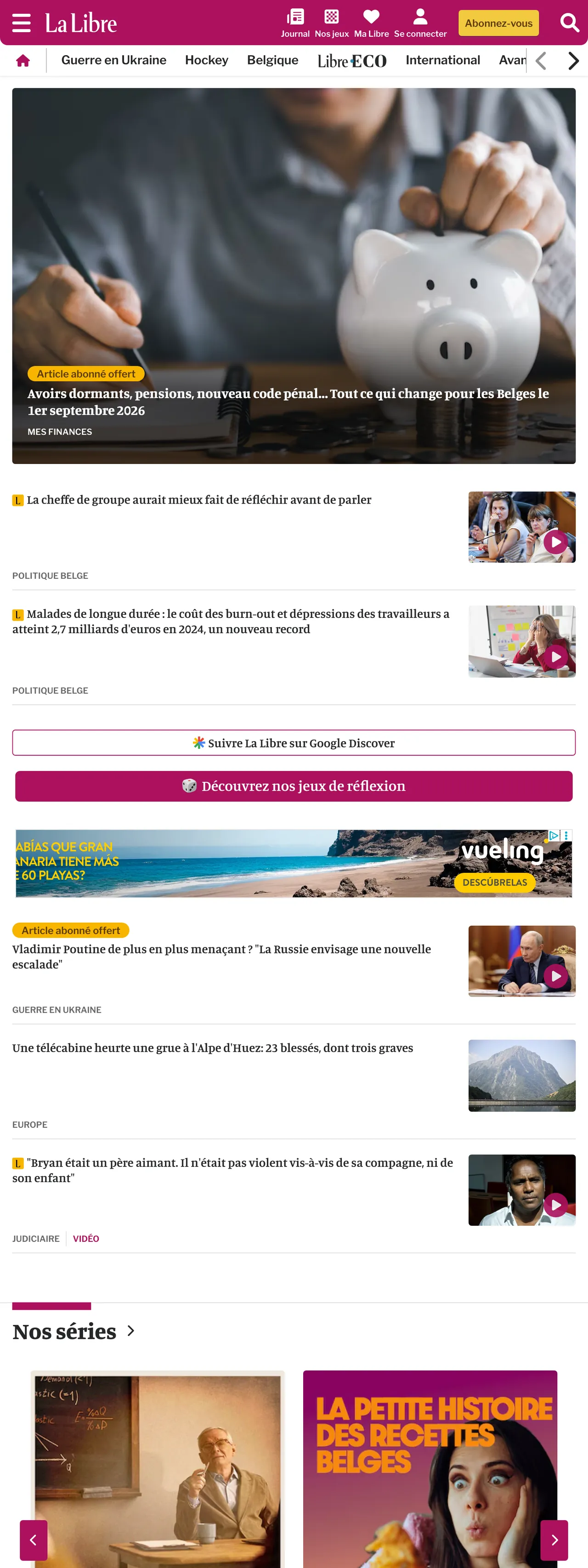 Screenshot of the La Libre front page