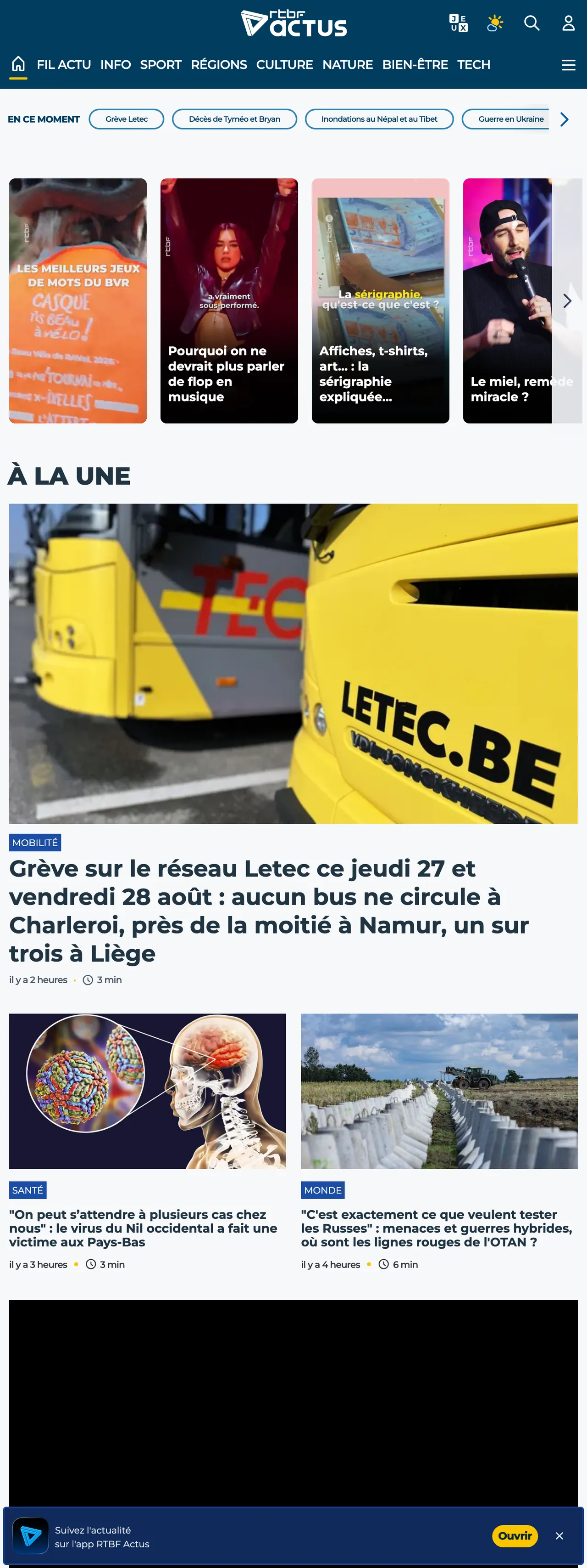 Screenshot of the RTBF front page