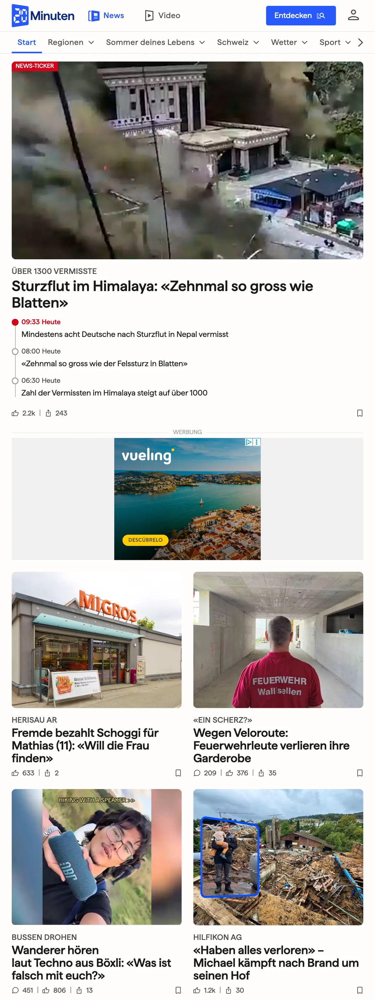 Screenshot of the 20 Minuten front page
