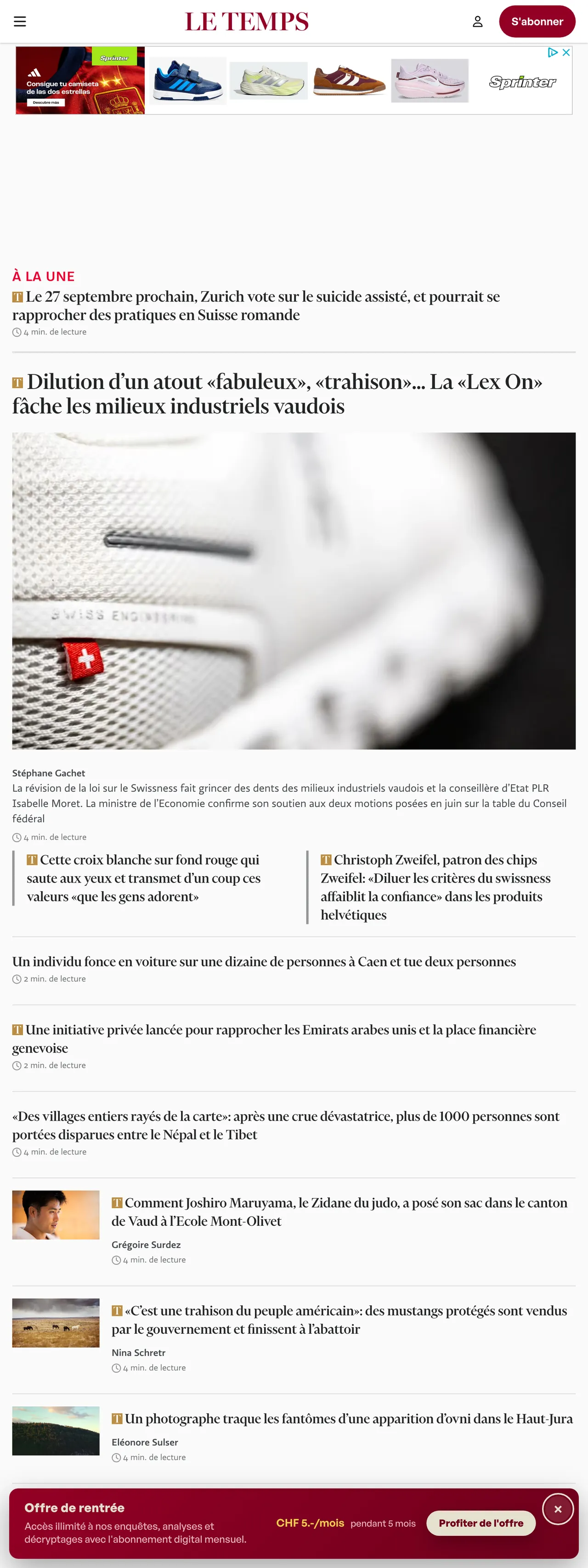 Screenshot of the Le Temps front page