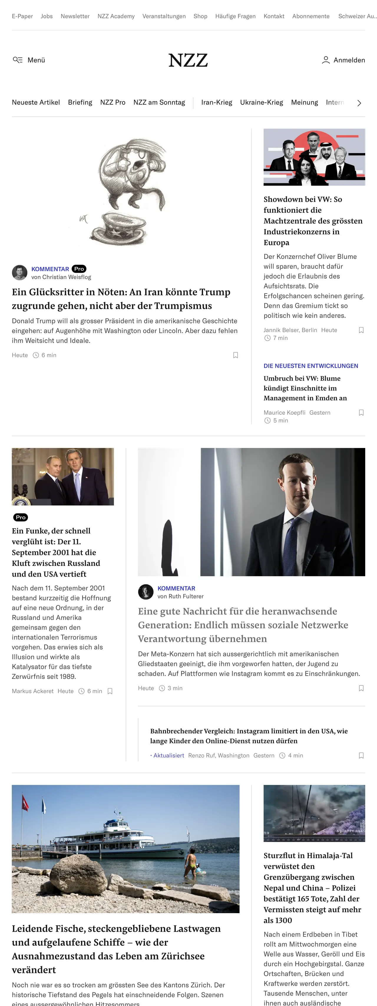 Screenshot of the Neue Zürcher Zeitung front page