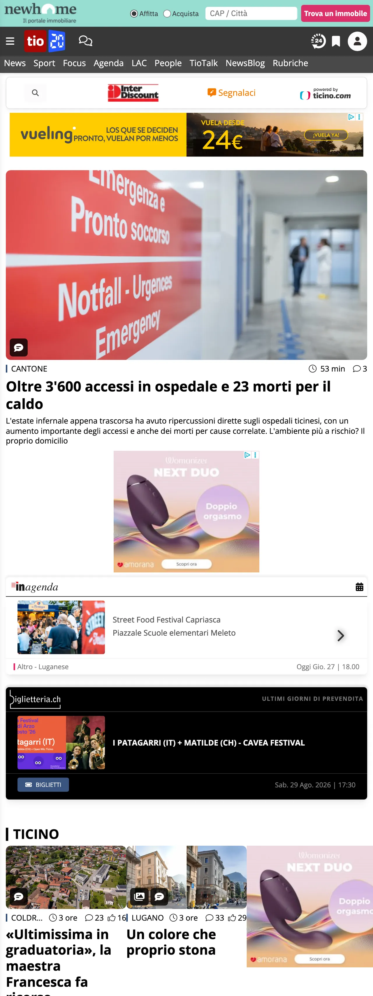 Screenshot of the Ticinonline front page