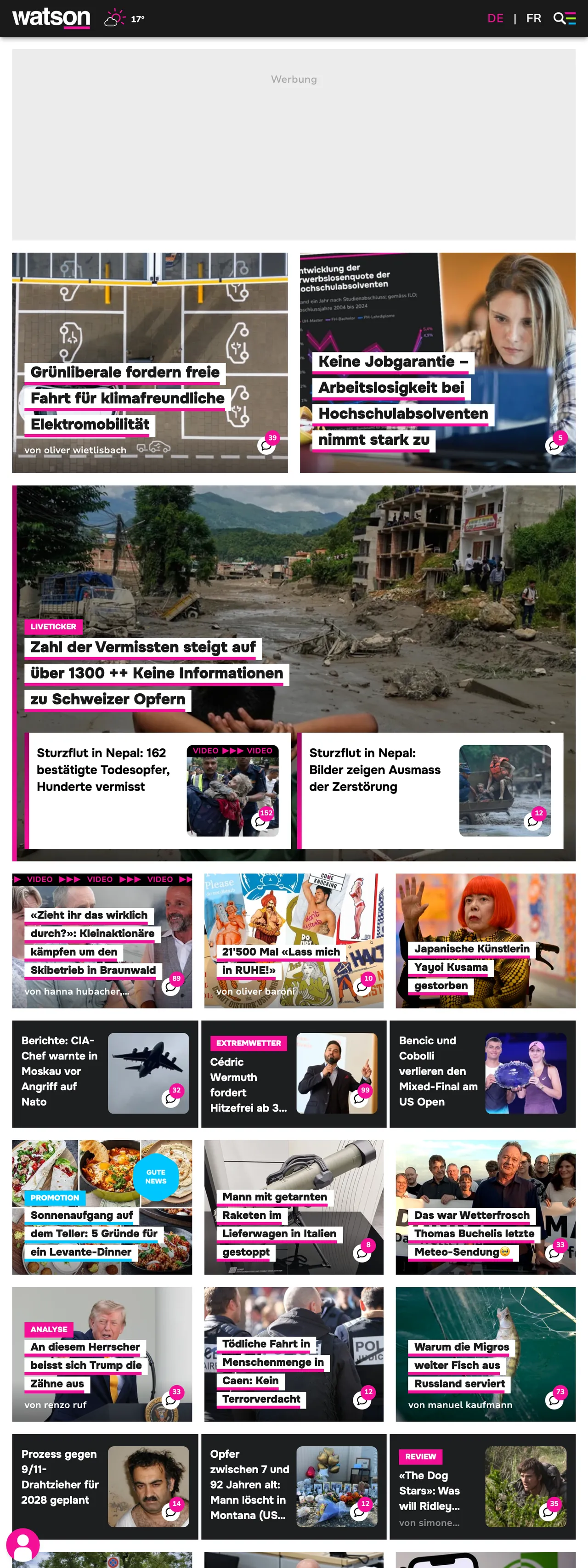 Screenshot of the watson front page