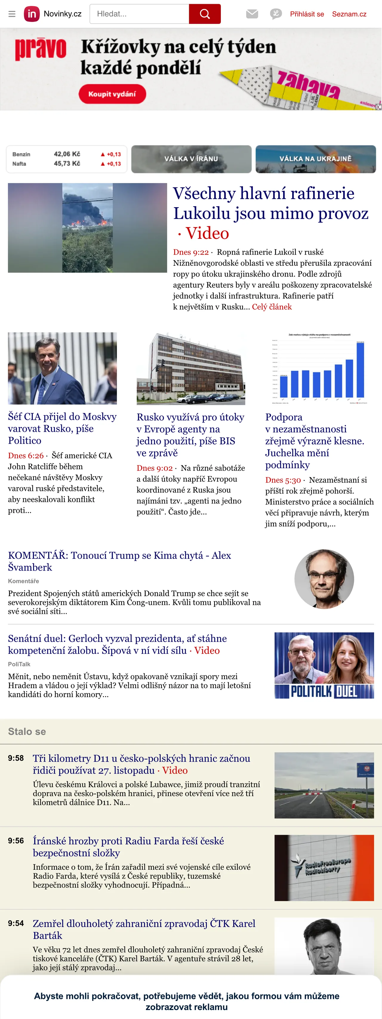 Screenshot of the Novinky.cz front page