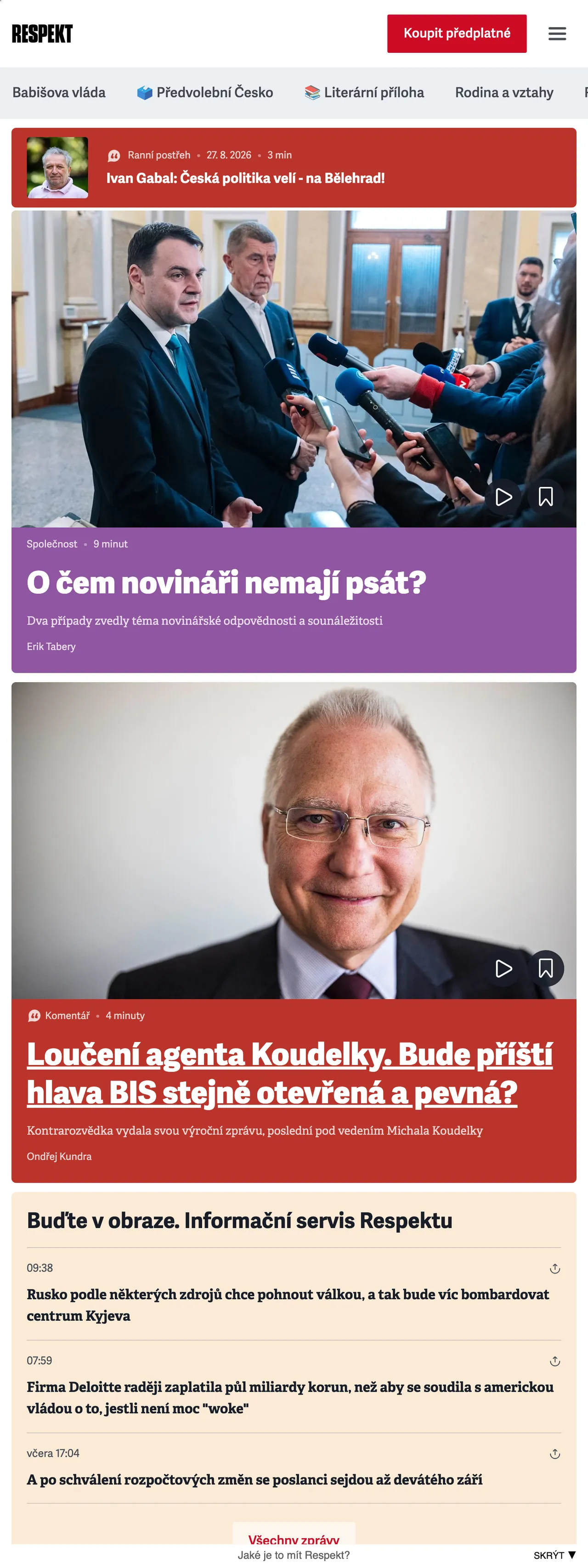Screenshot of the Respekt front page