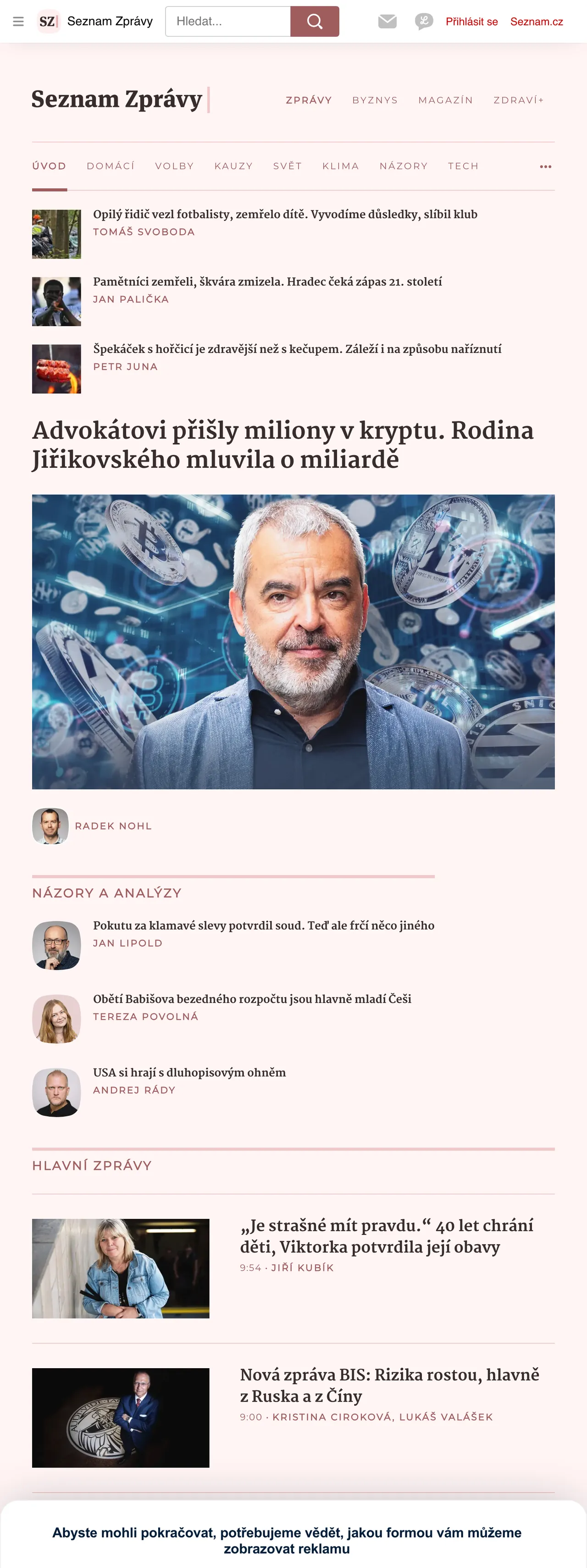 Screenshot of the Seznam Zprávy front page