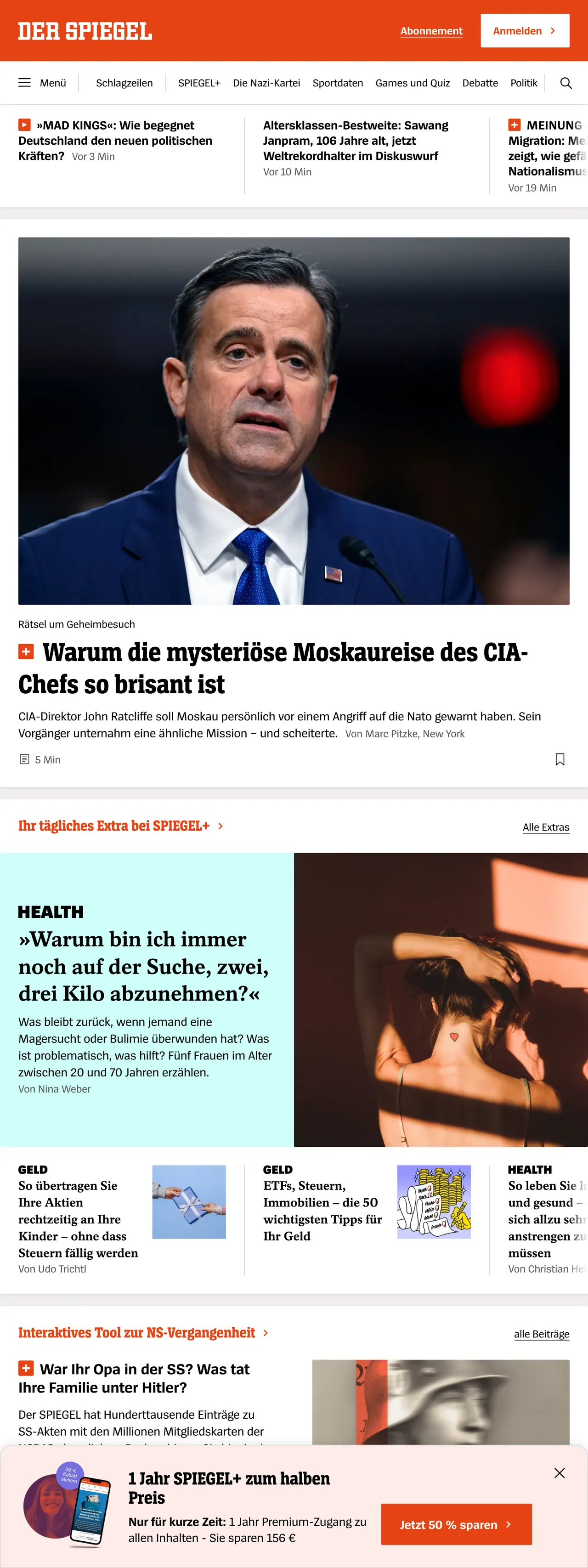 Screenshot of the DER SPIEGEL front page
