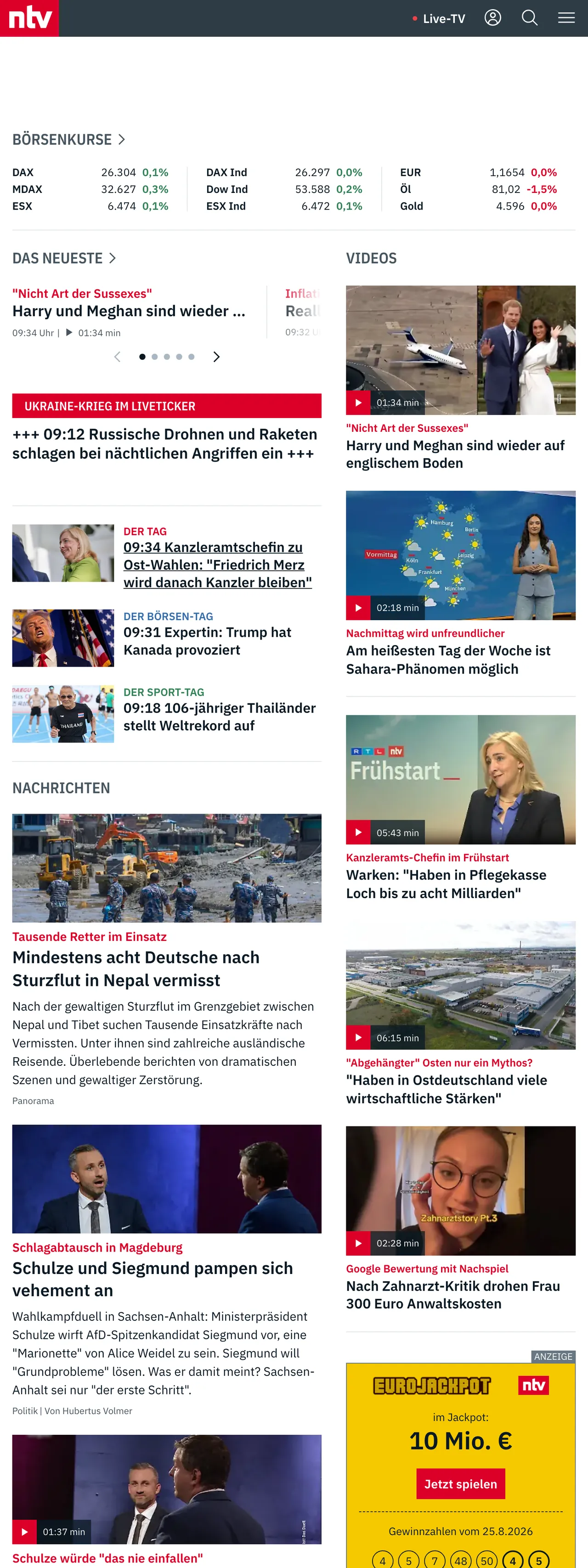 Screenshot of the n-tv front page