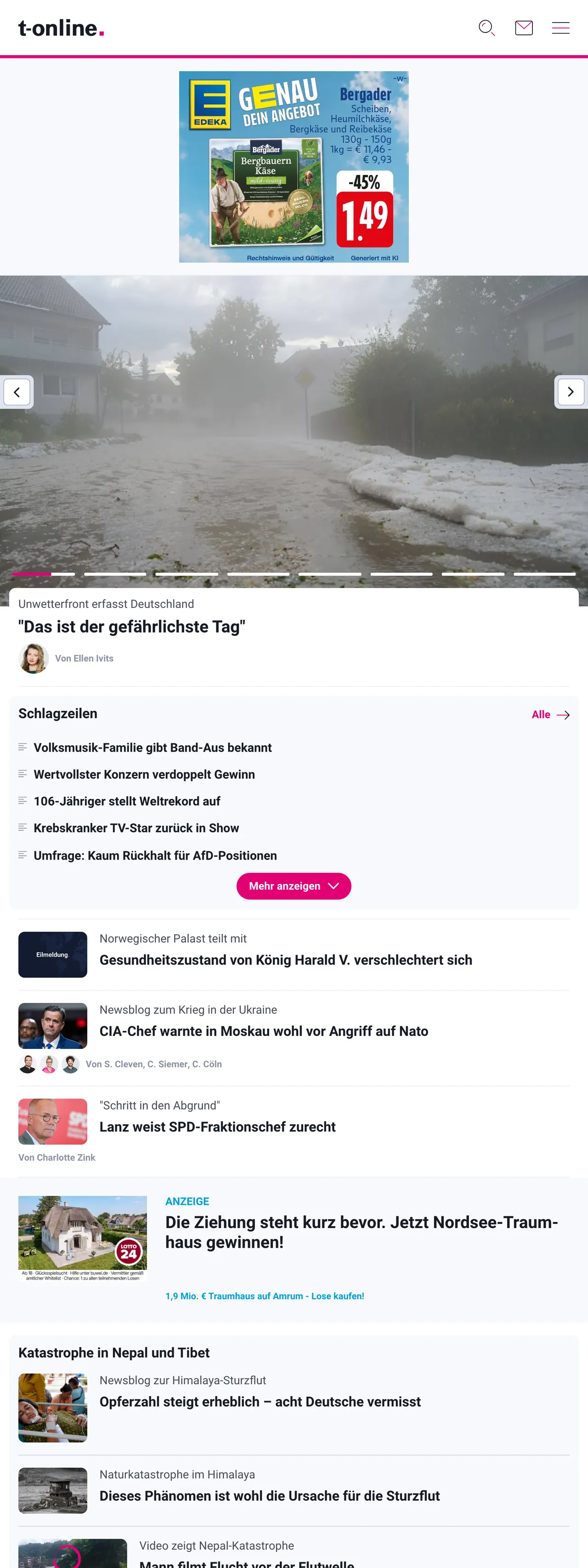 Screenshot of the t-online front page